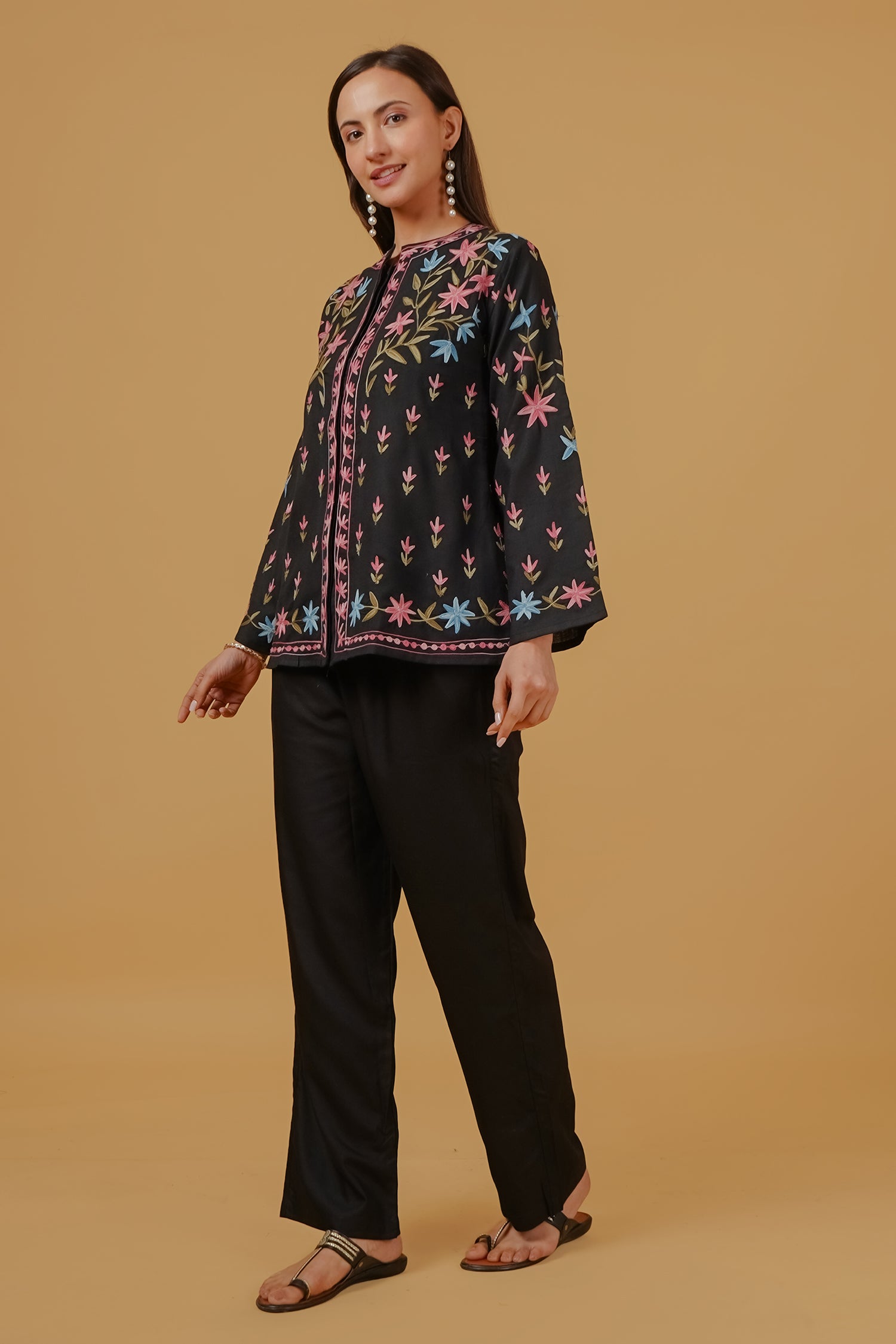 Harpreet in Cotton Kashmiri Aari Embroidered Jacket – Black