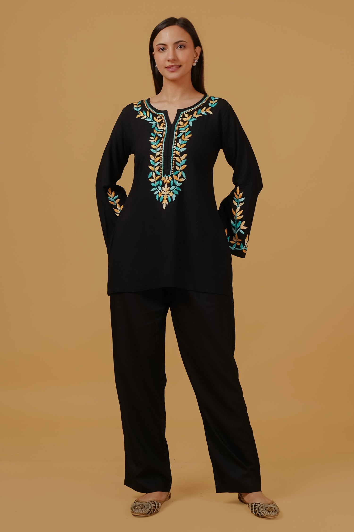 Chikankari Embroidered Short Kurta in Rayon – Black