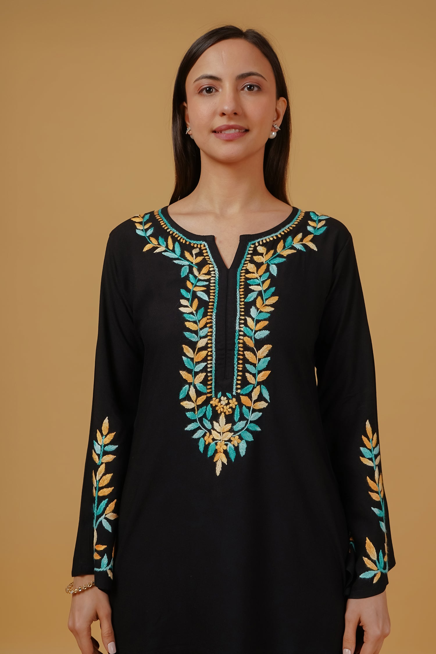Chikankari Embroidered Short Kurta in Rayon – Black