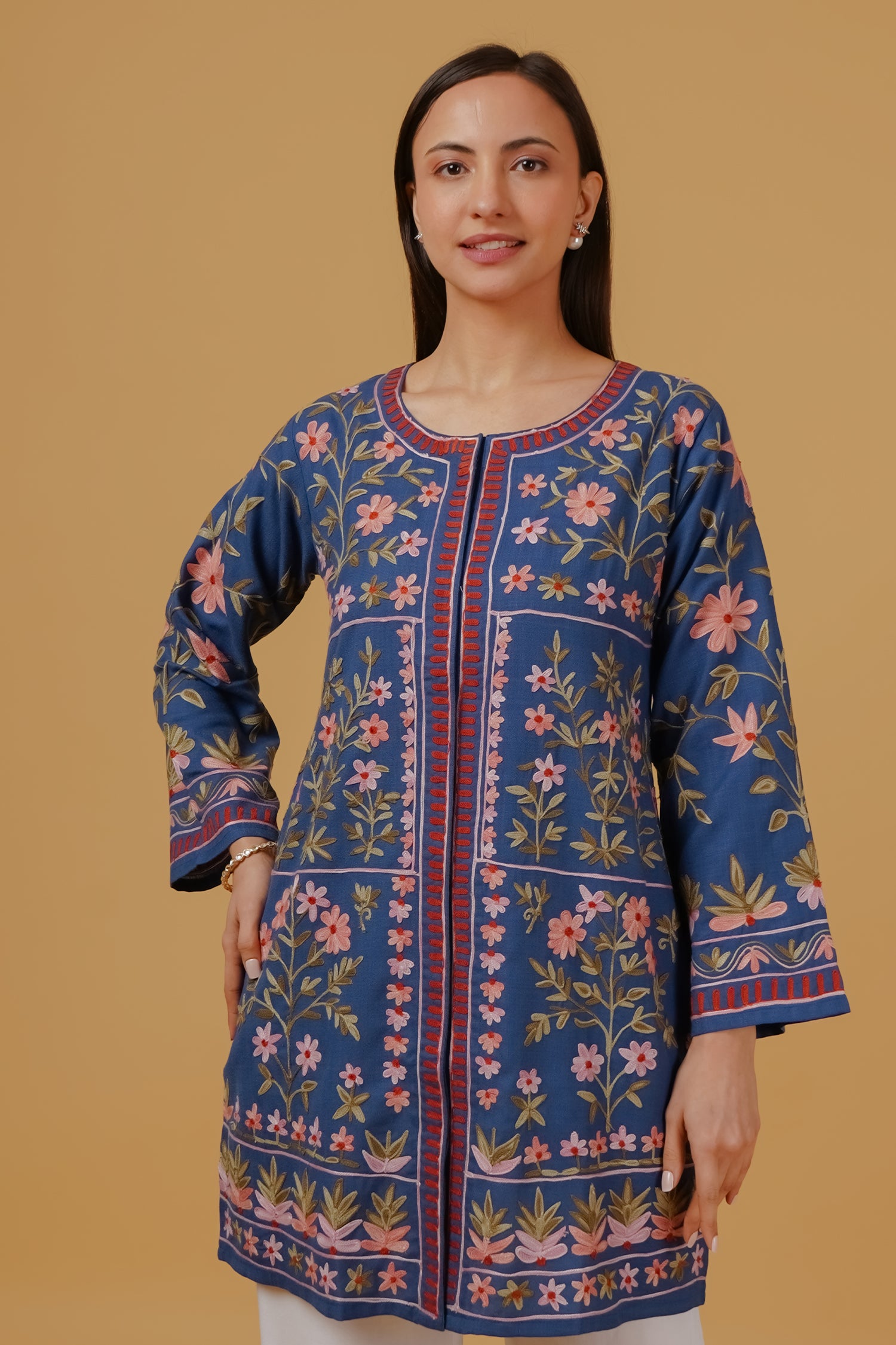 Cotton Kashmiri Aari Embroidered Jacket – Blue