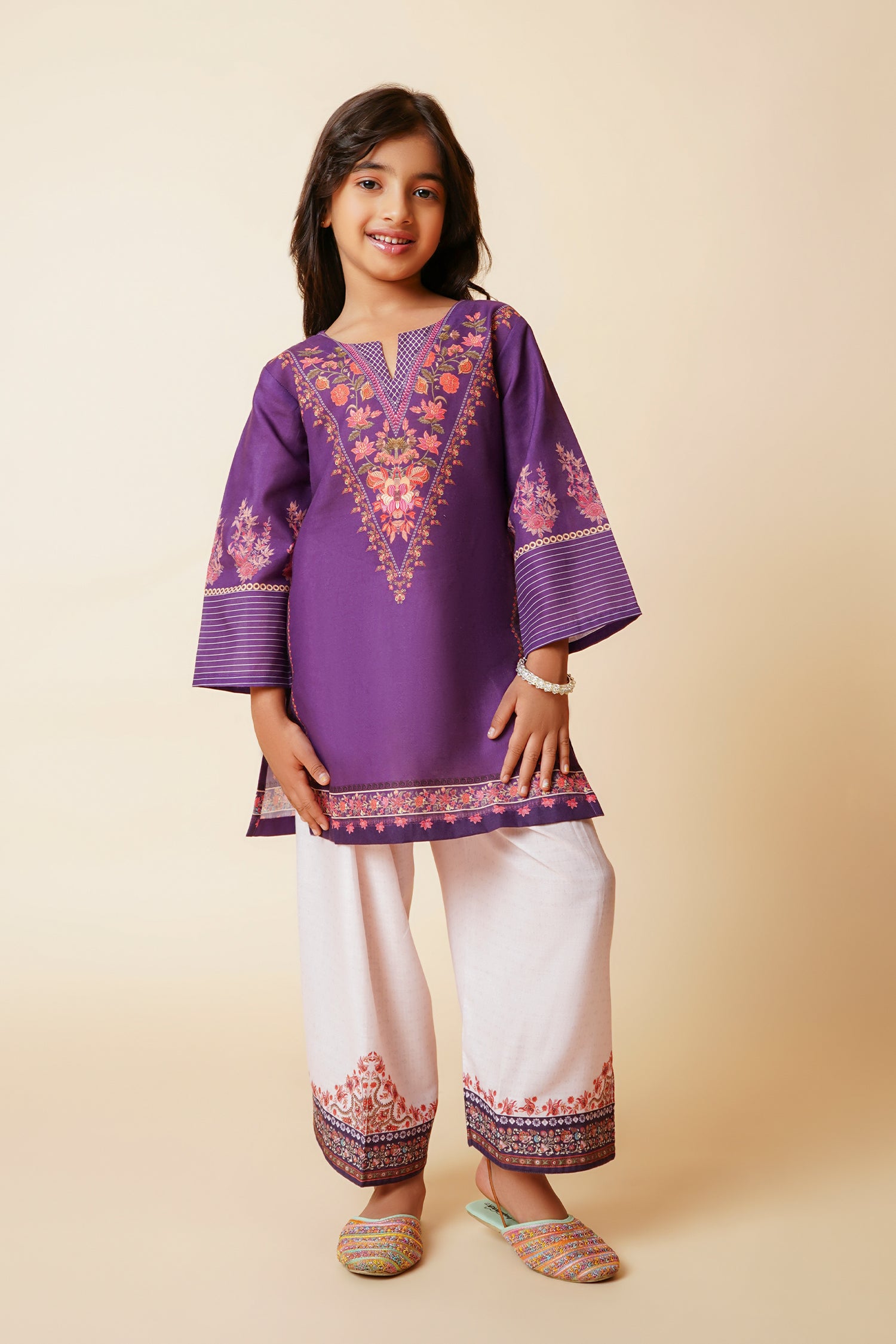Printed Lawn Cotton Co-ord Set for Kids – Purple & Cream