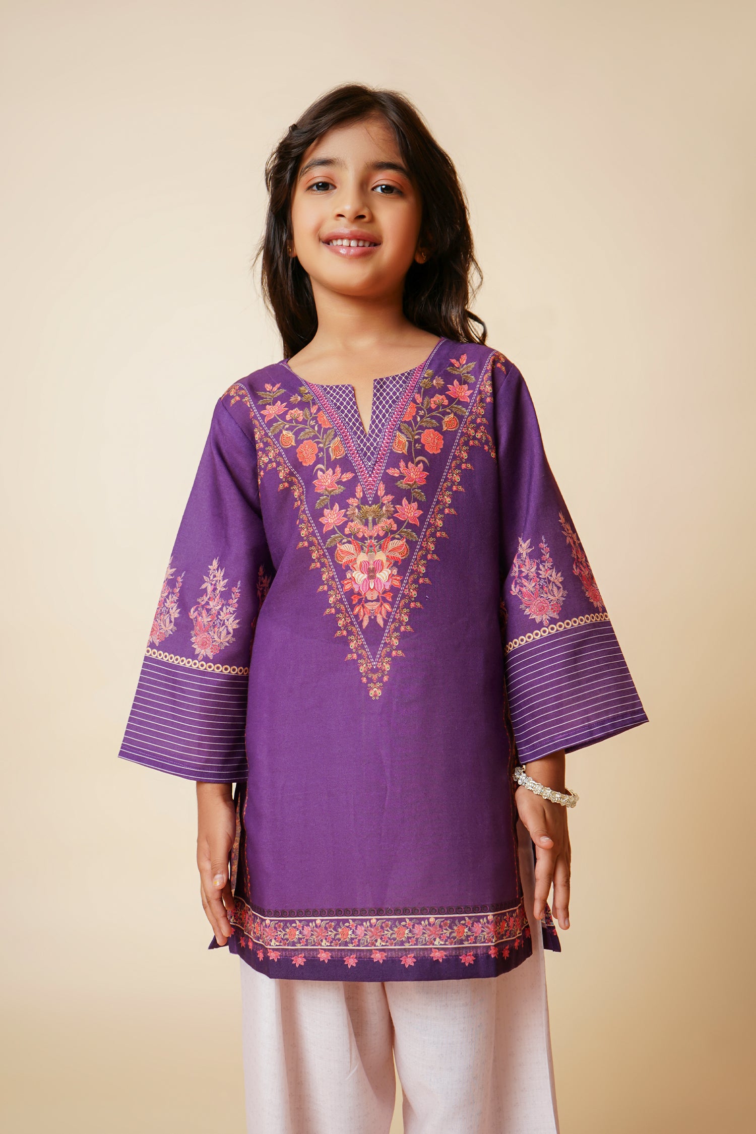 Printed Lawn Cotton Co-ord Set for Kids – Purple & Cream