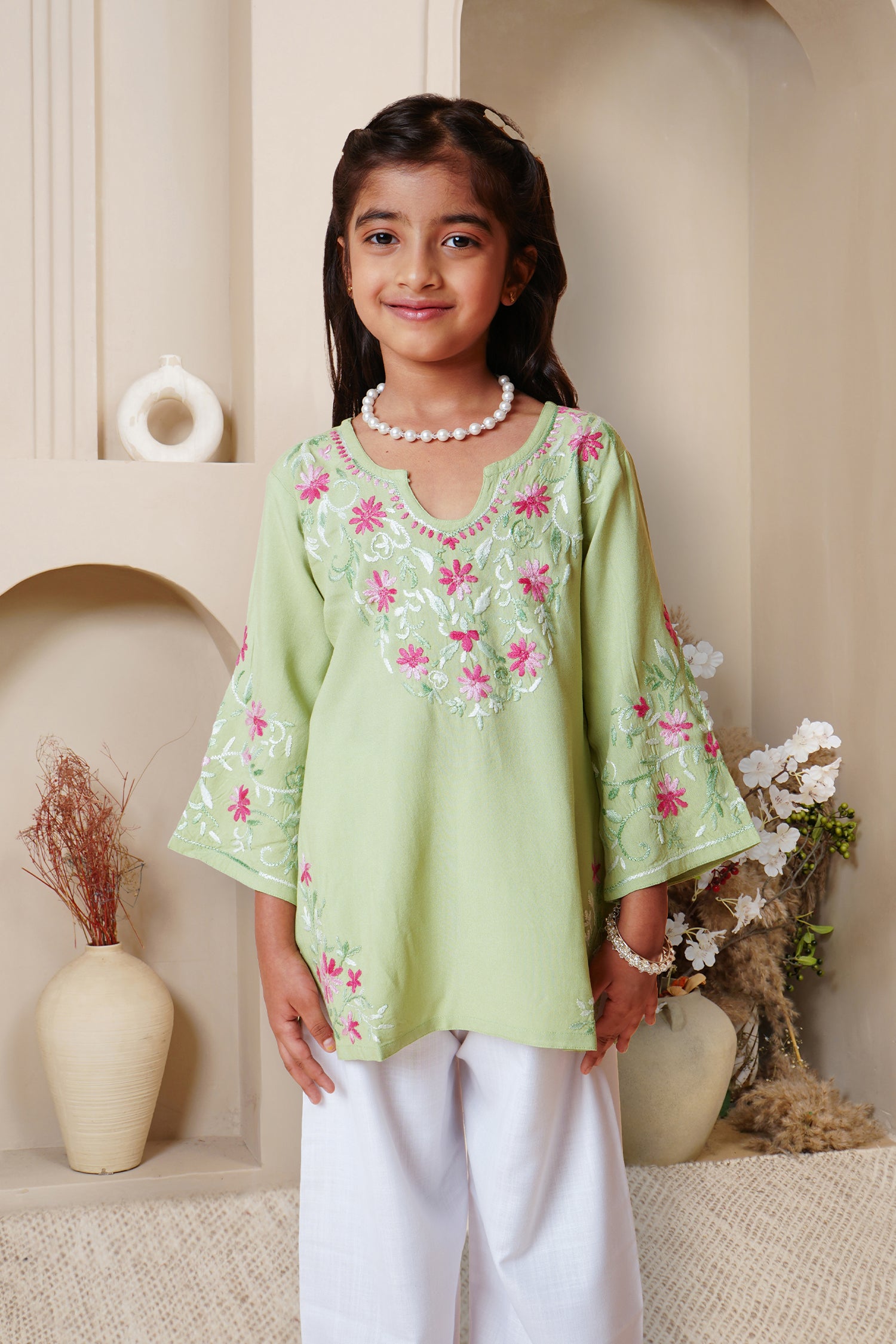 Chikankari Rayon Cotton Kids Kurta- Pista Green