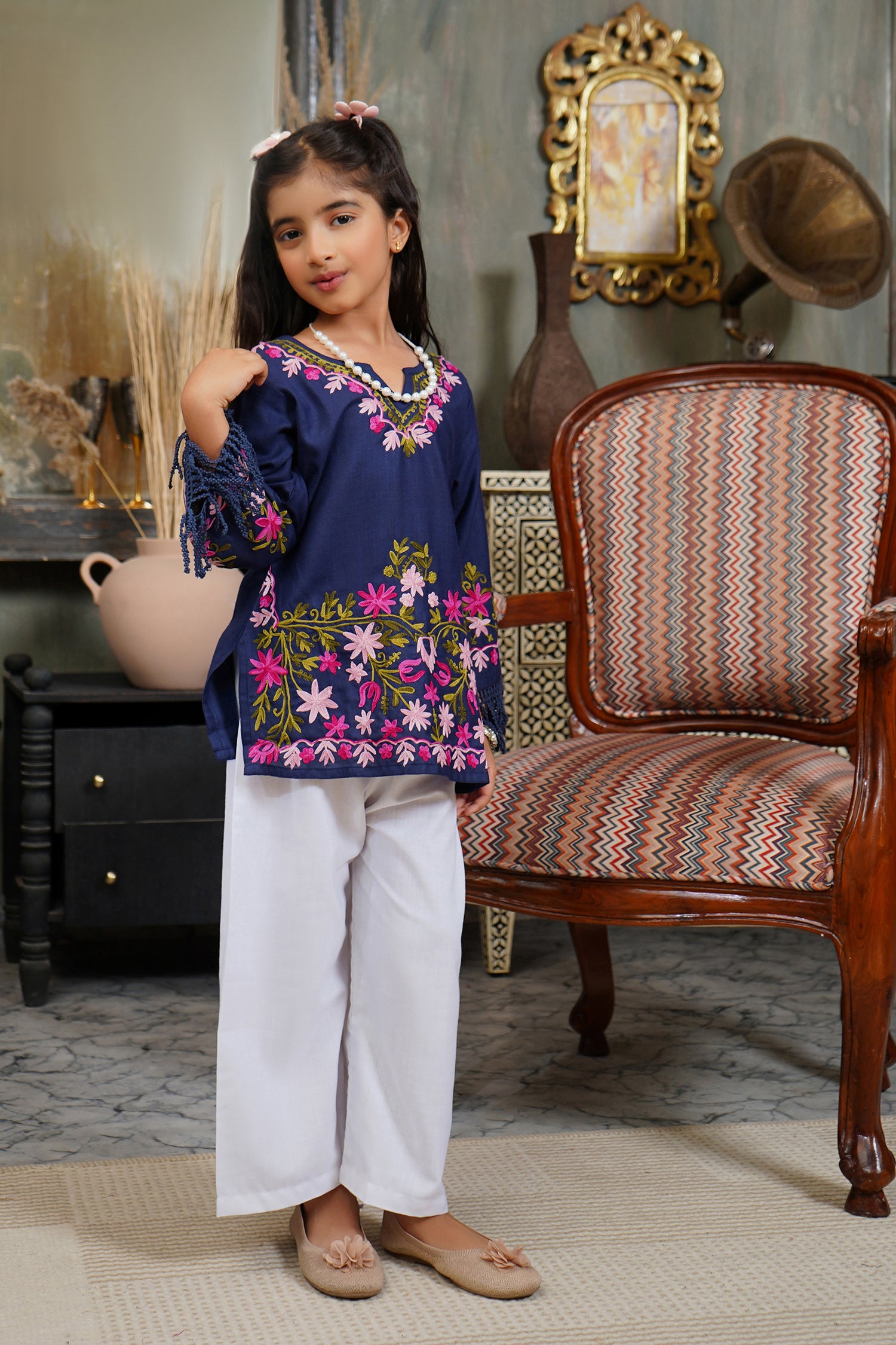 Kashmiri Aari Cotton Kurta for Kids – Navy Blue