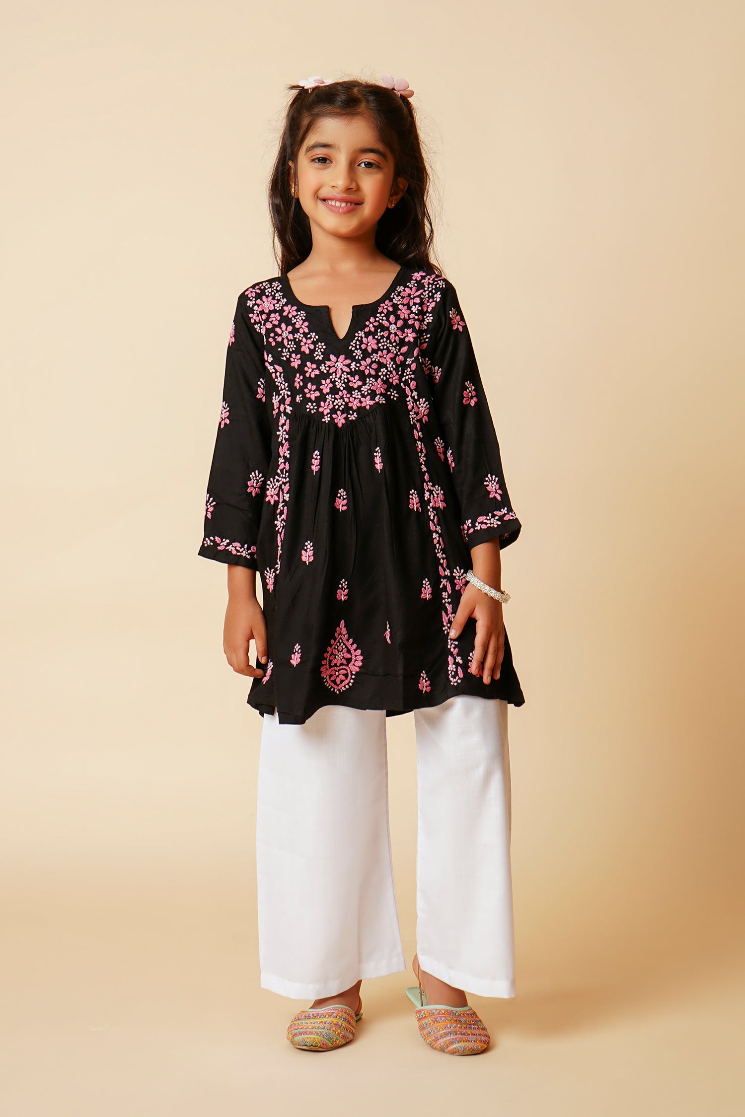 Chikankari Rayon Cotton Kurta for Kids – Black