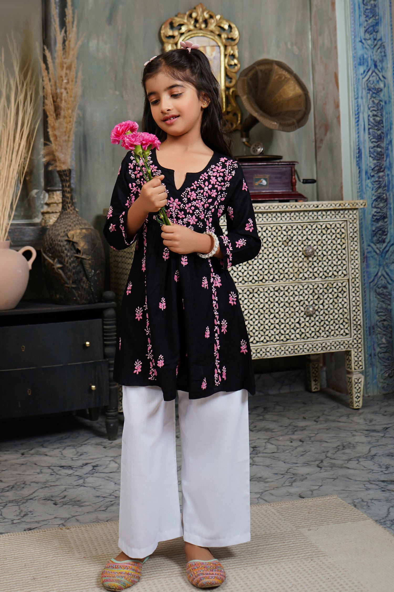 Chikankari Rayon Cotton Kurta for Kids – Black