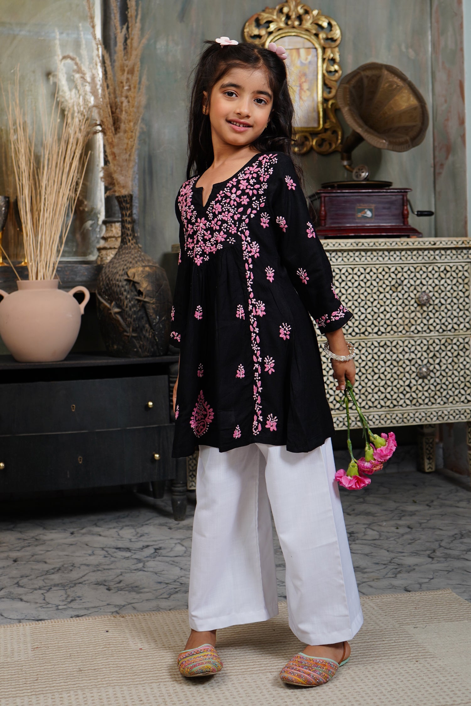 Chikankari Rayon Cotton Kurta for Kids – Black