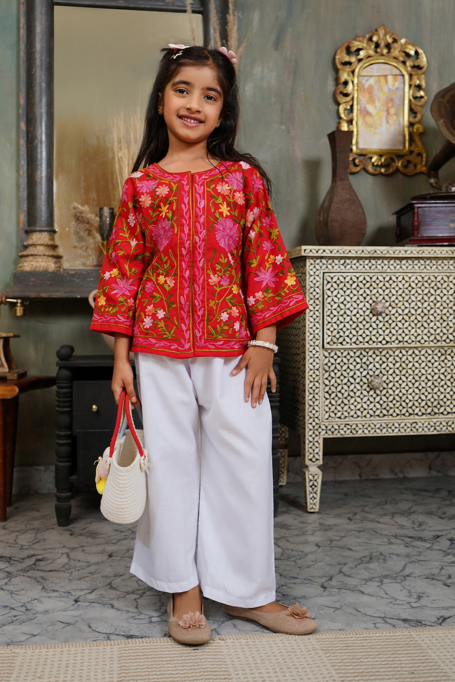 Kashmiri Aari Cotton Jacket for Kids – Red