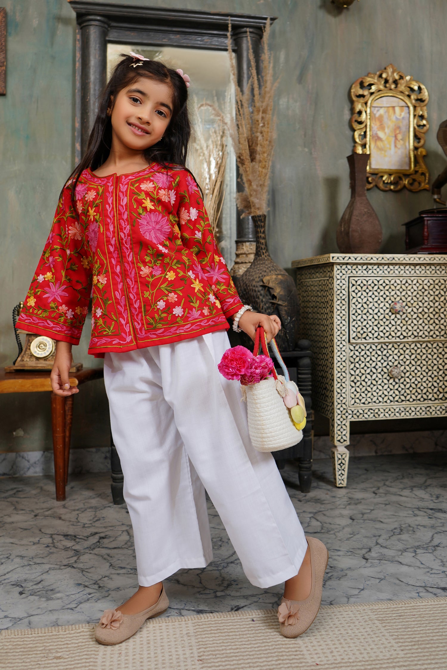 Kashmiri Aari Cotton Jacket for Kids – Red