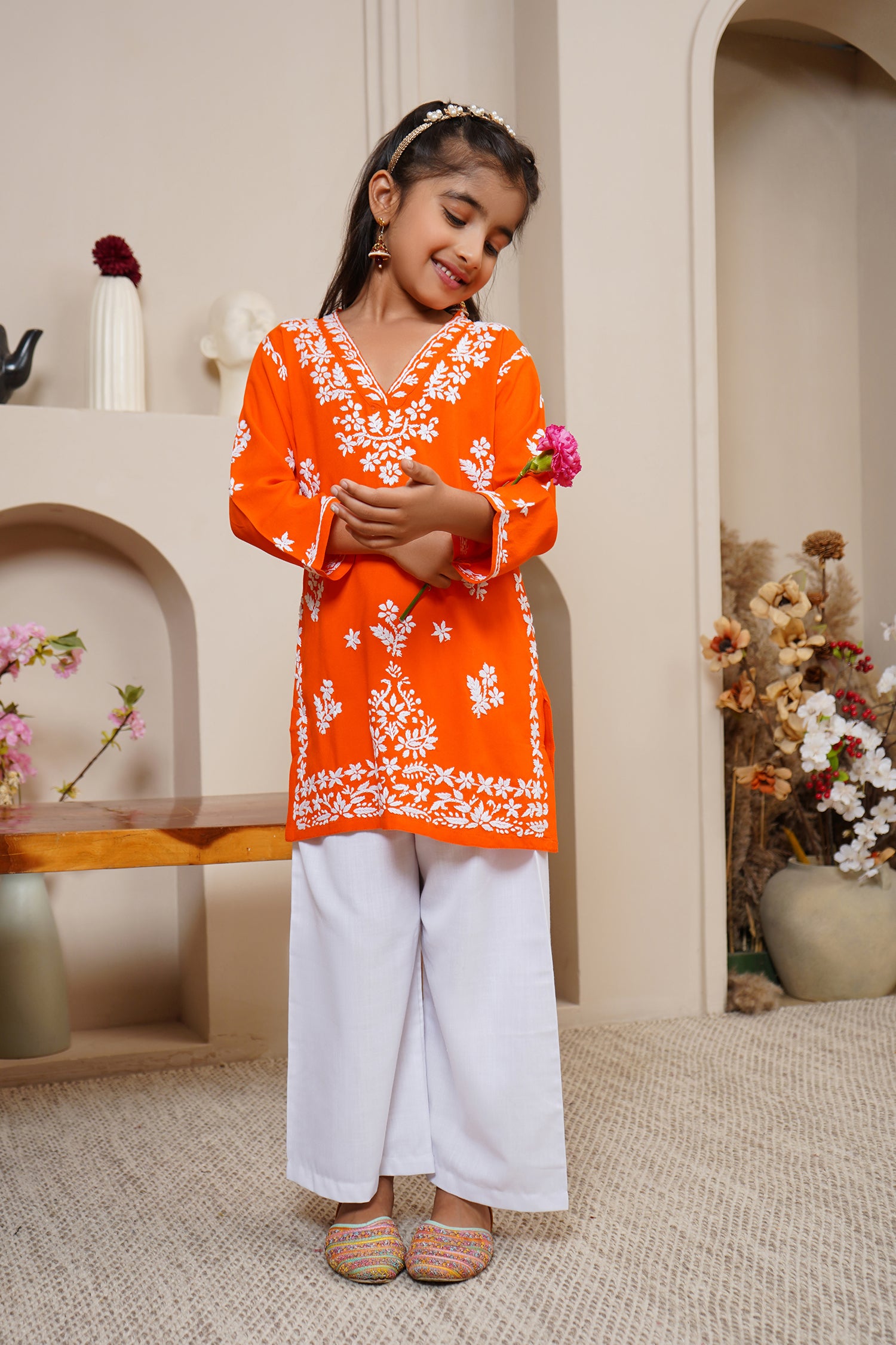 Chikankari Rayon Cotton Kurta for Kids – Orange