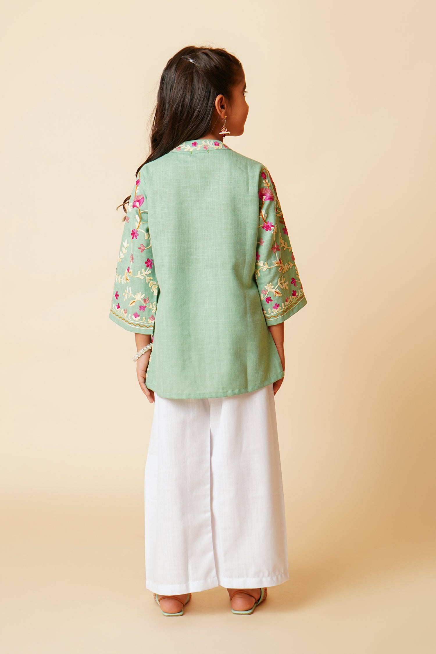 Kashmiri Aari Cotton Jacket for Kids - Pista Green