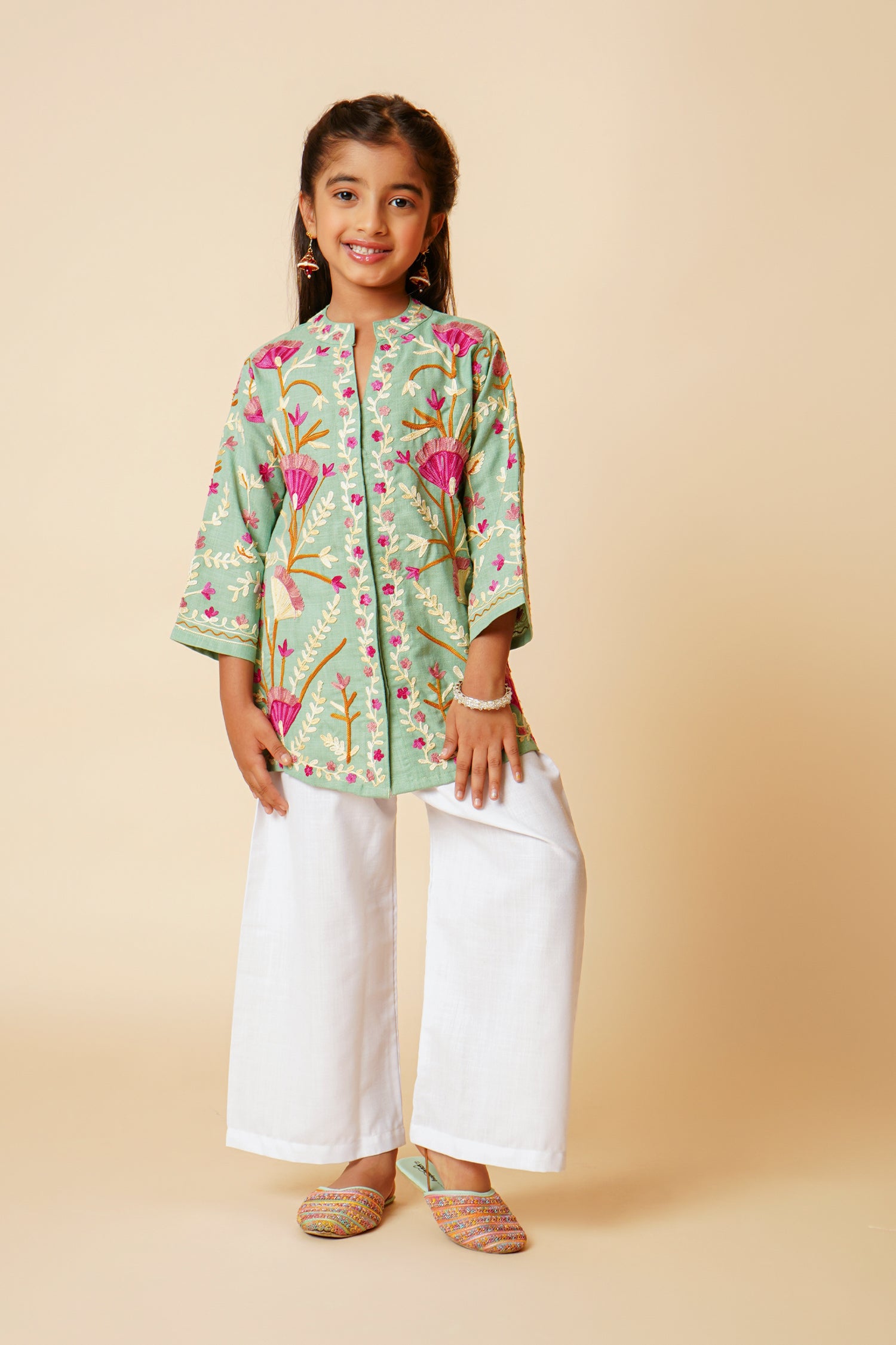 Kashmiri Aari Cotton Jacket for Kids - Pista Green