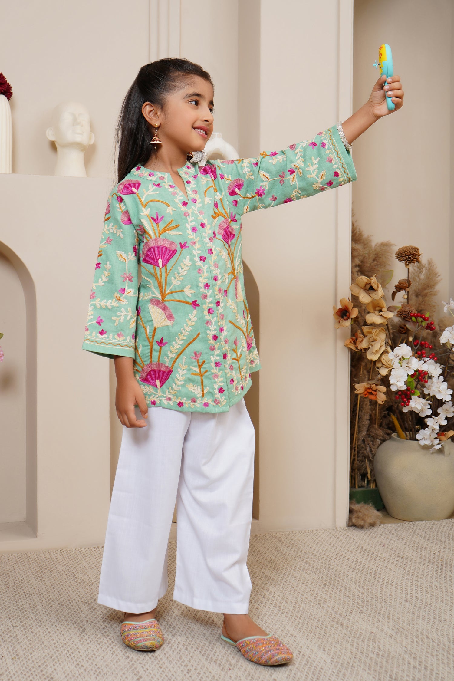 Kashmiri Aari Cotton Jacket for Kids - Pista Green