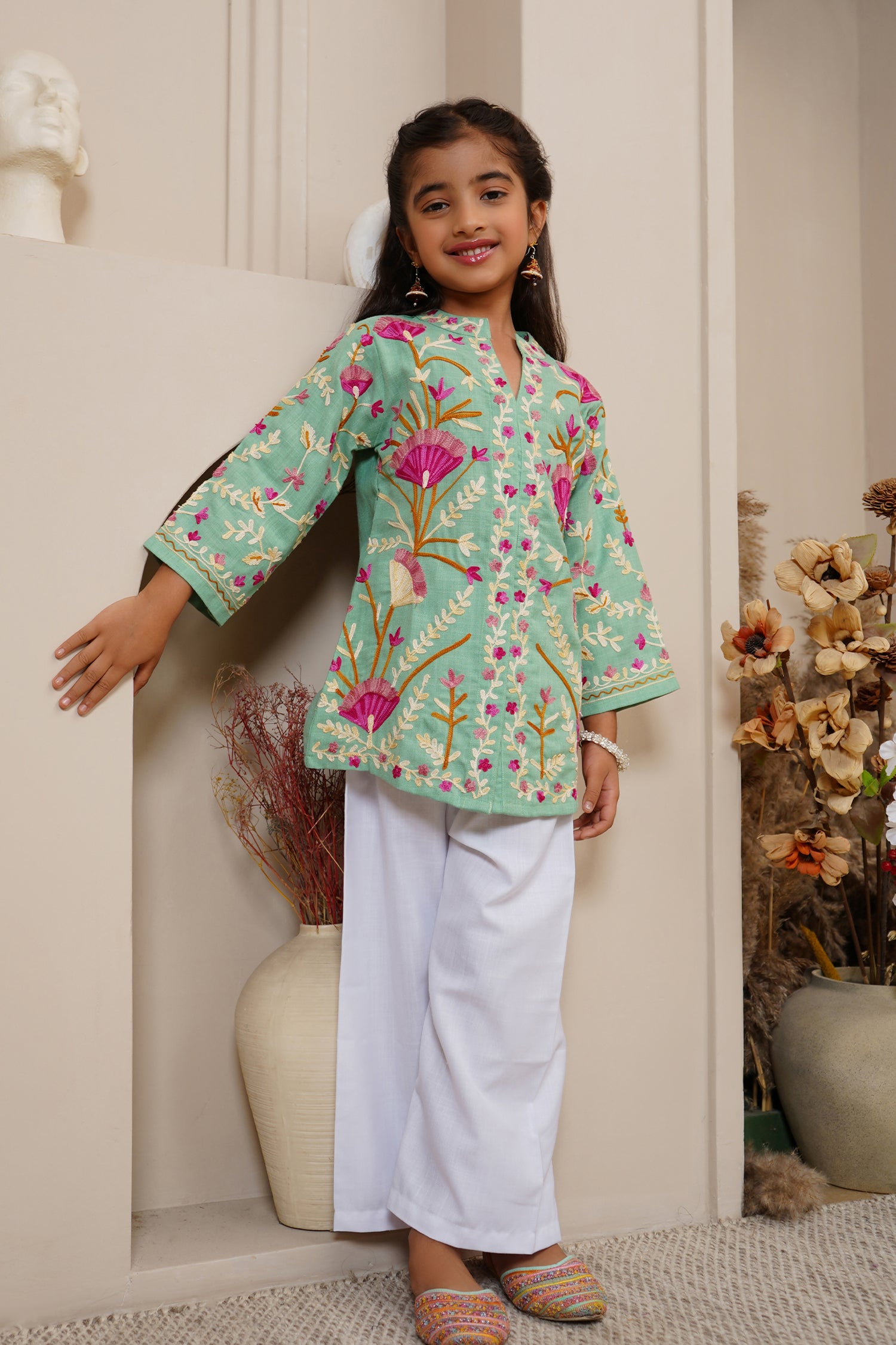 Kashmiri Aari Cotton Jacket for Kids - Pista Green