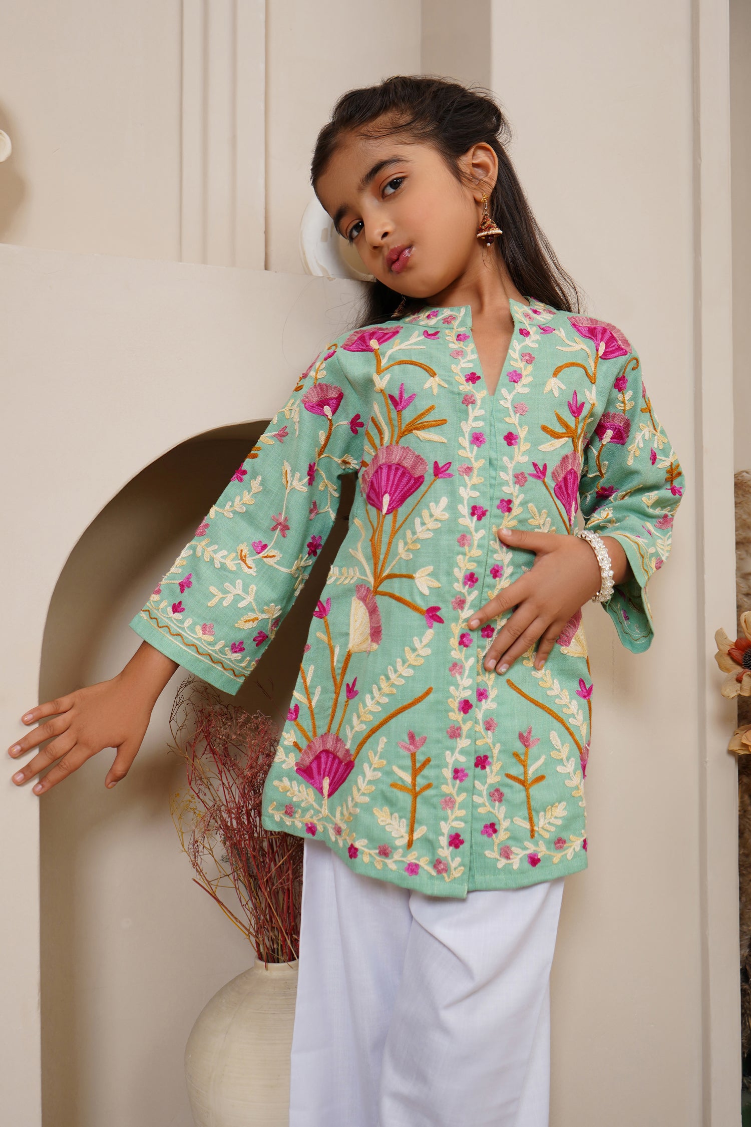 Kashmiri Aari Cotton Jacket for Kids - Pista Green