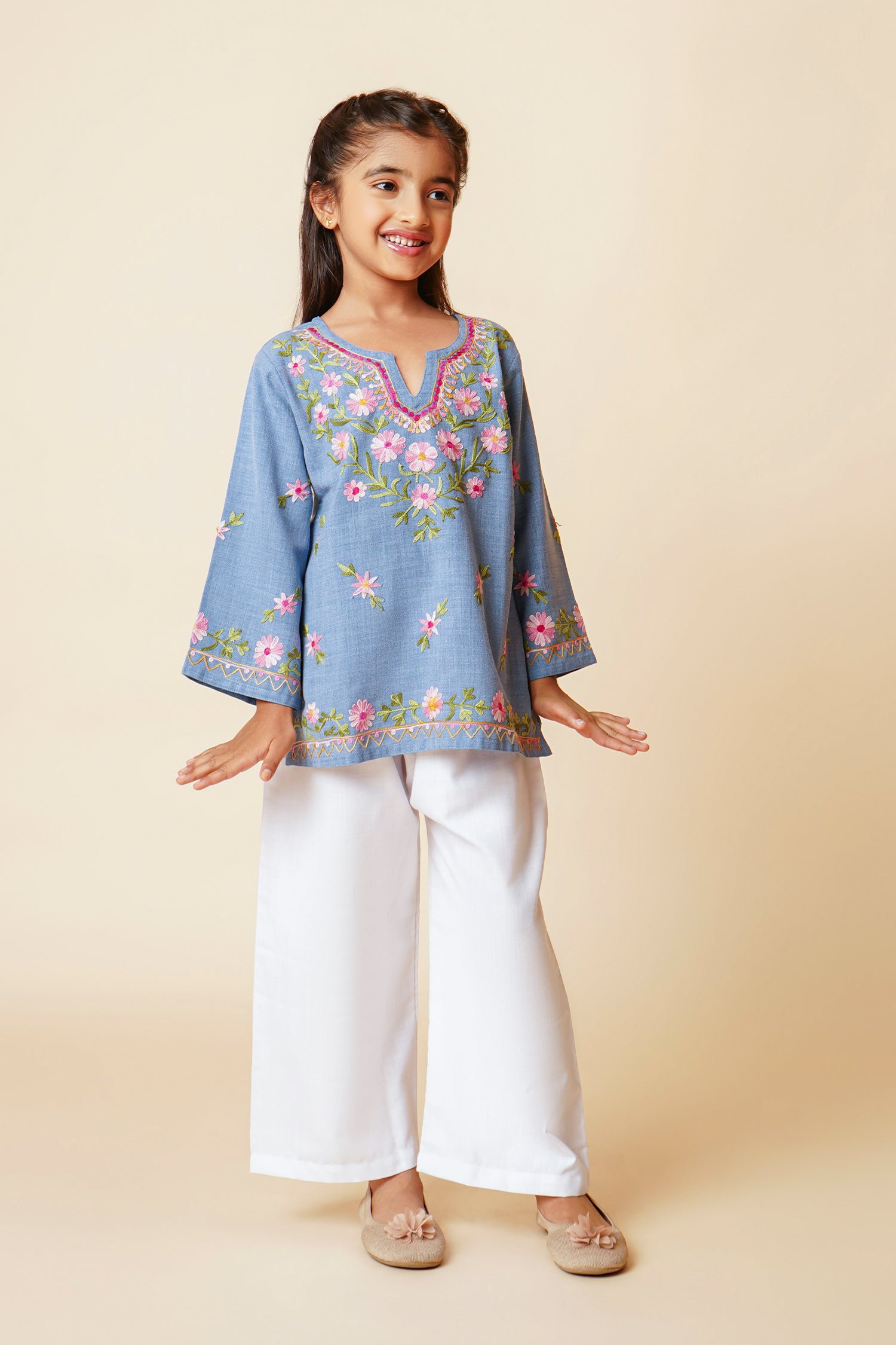 Kids Kashmiri Aari Denim Cotton Kurta