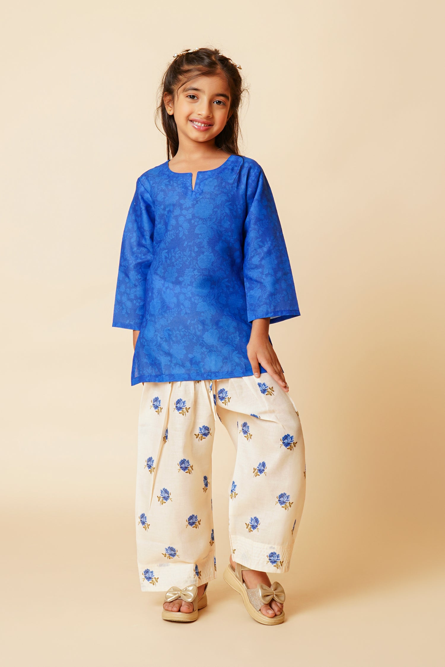 Printed Lawn Cotton Co-ord Set for Kids – Blue & Cream