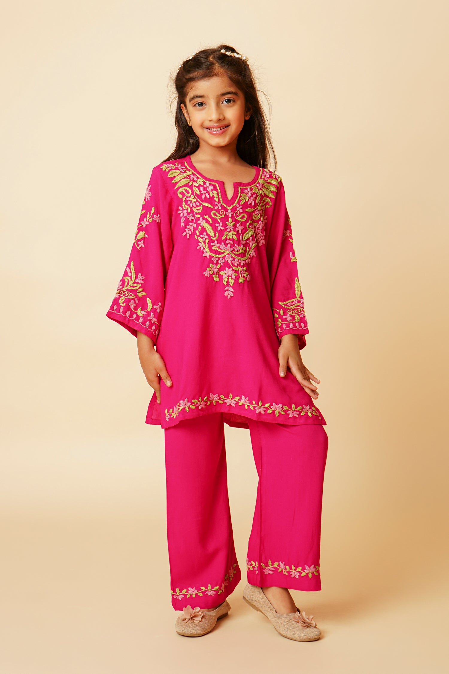 Chikankari Rayon Cotton Kurta Set for Kids – Fuchsia Pink