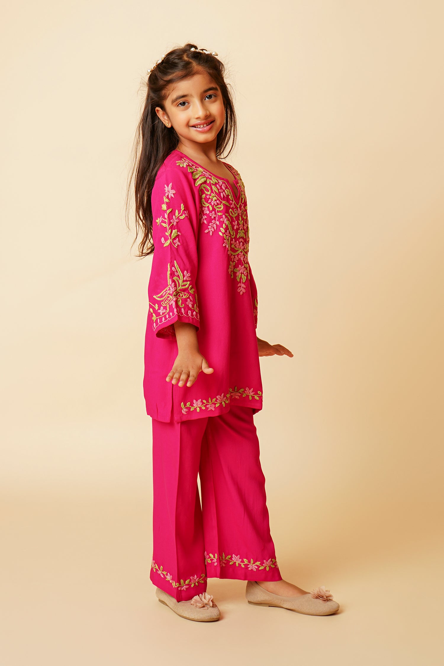 Chikankari Rayon Cotton Kurta Set for Kids – Fuchsia Pink