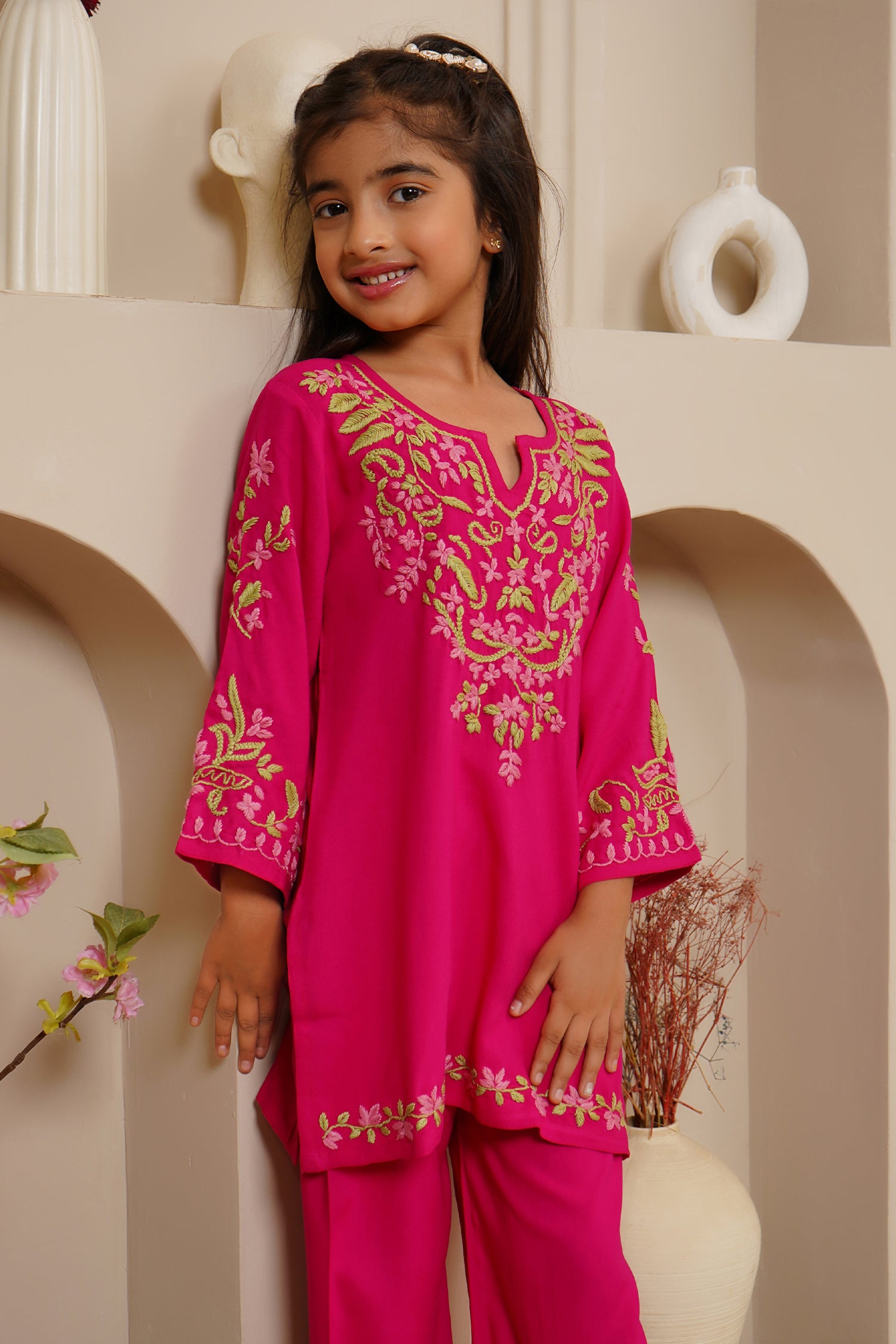 Chikankari Rayon Cotton Kurta Set for Kids – Fuchsia Pink