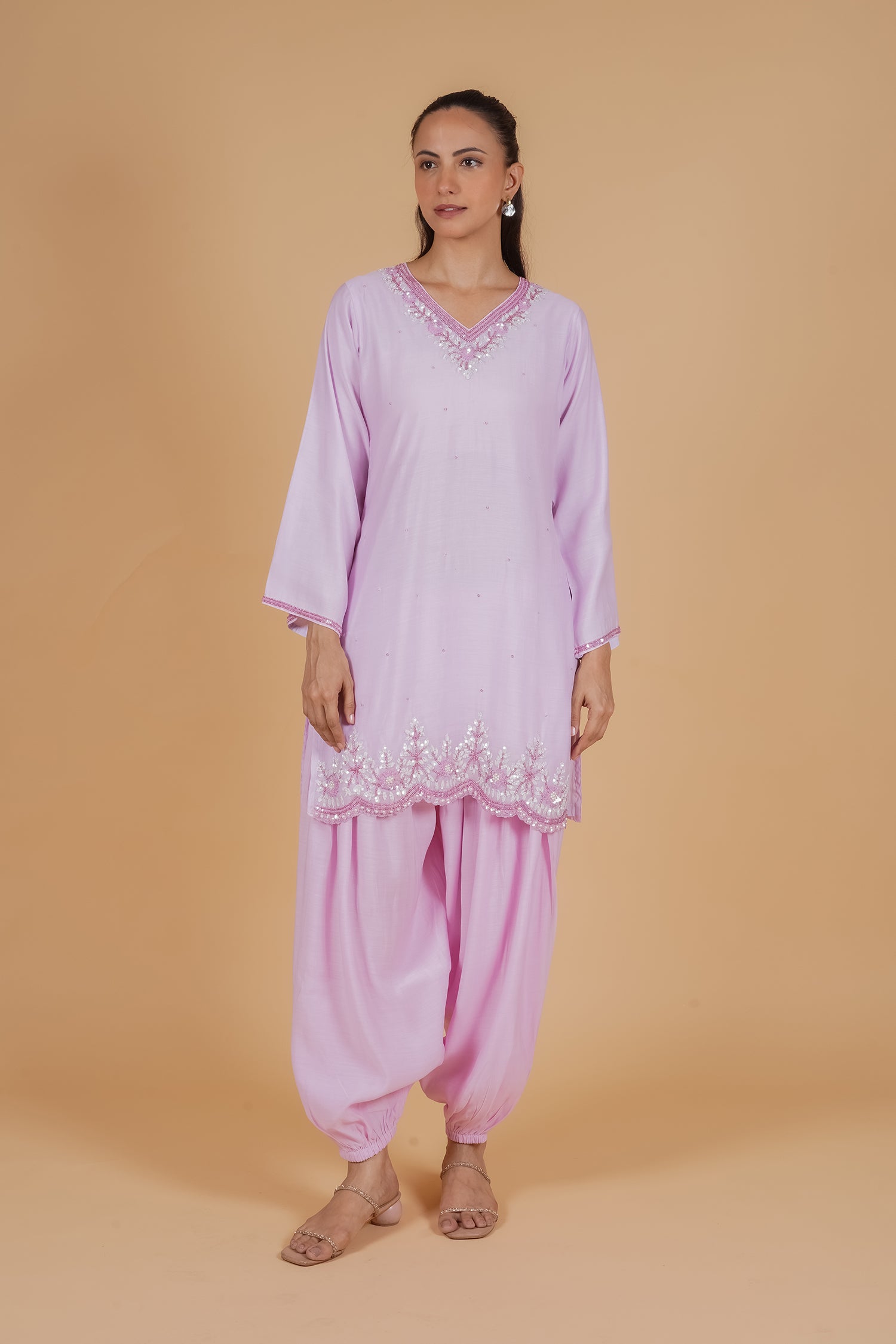 Pure Sequin Mul Chanderi Silk Embroidered Kurta Set - Pastel Pink