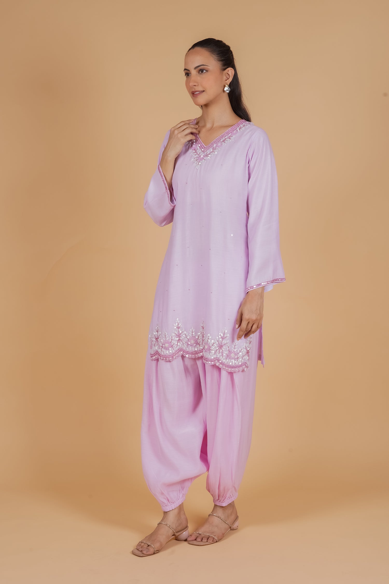 Pure Sequin Mul Chanderi Silk Embroidered Kurta Set - Pastel Pink
