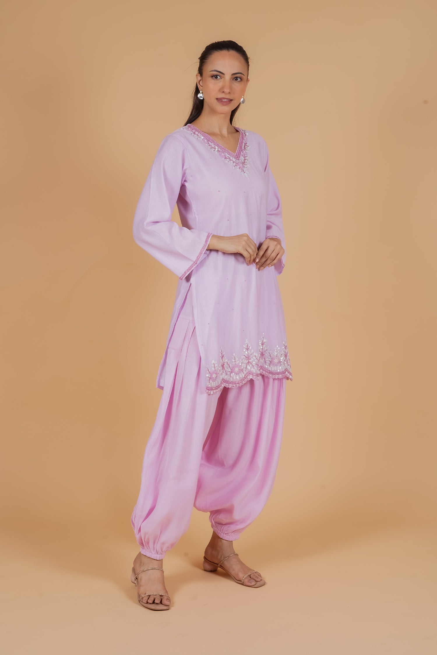 Pure Sequin Mul Chanderi Silk Embroidered Kurta Set - Pastel Pink