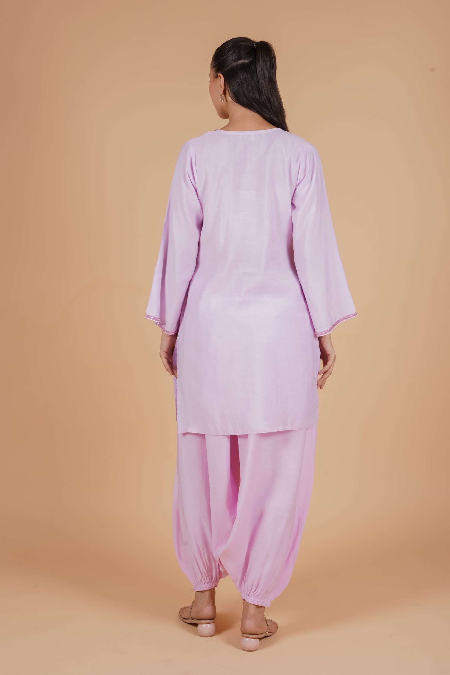 Pure Sequin Mul Chanderi Silk Embroidered Kurta Set - Pastel Pink