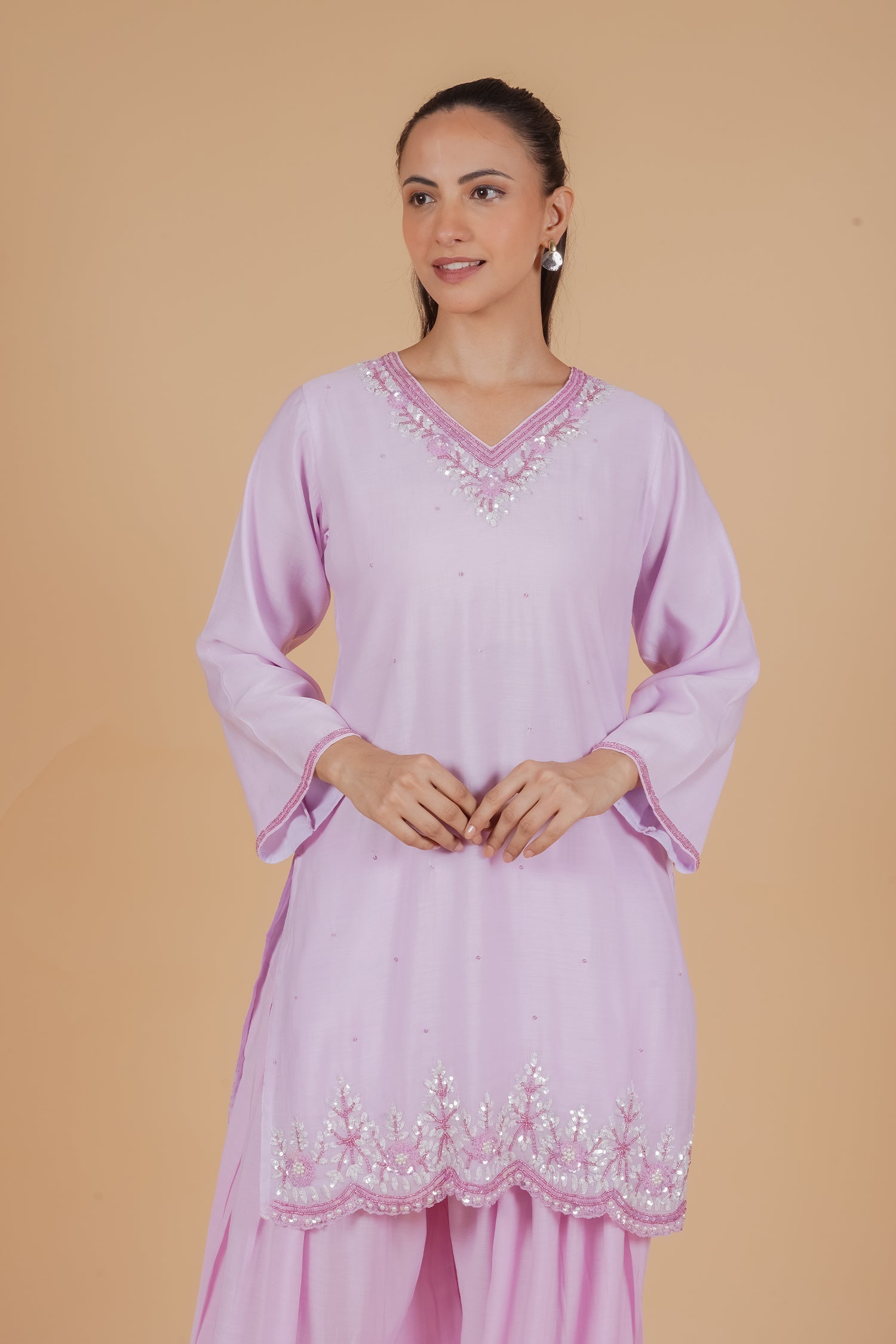 Pure Sequin Mul Chanderi Silk Embroidered Kurta Set - Pastel Pink