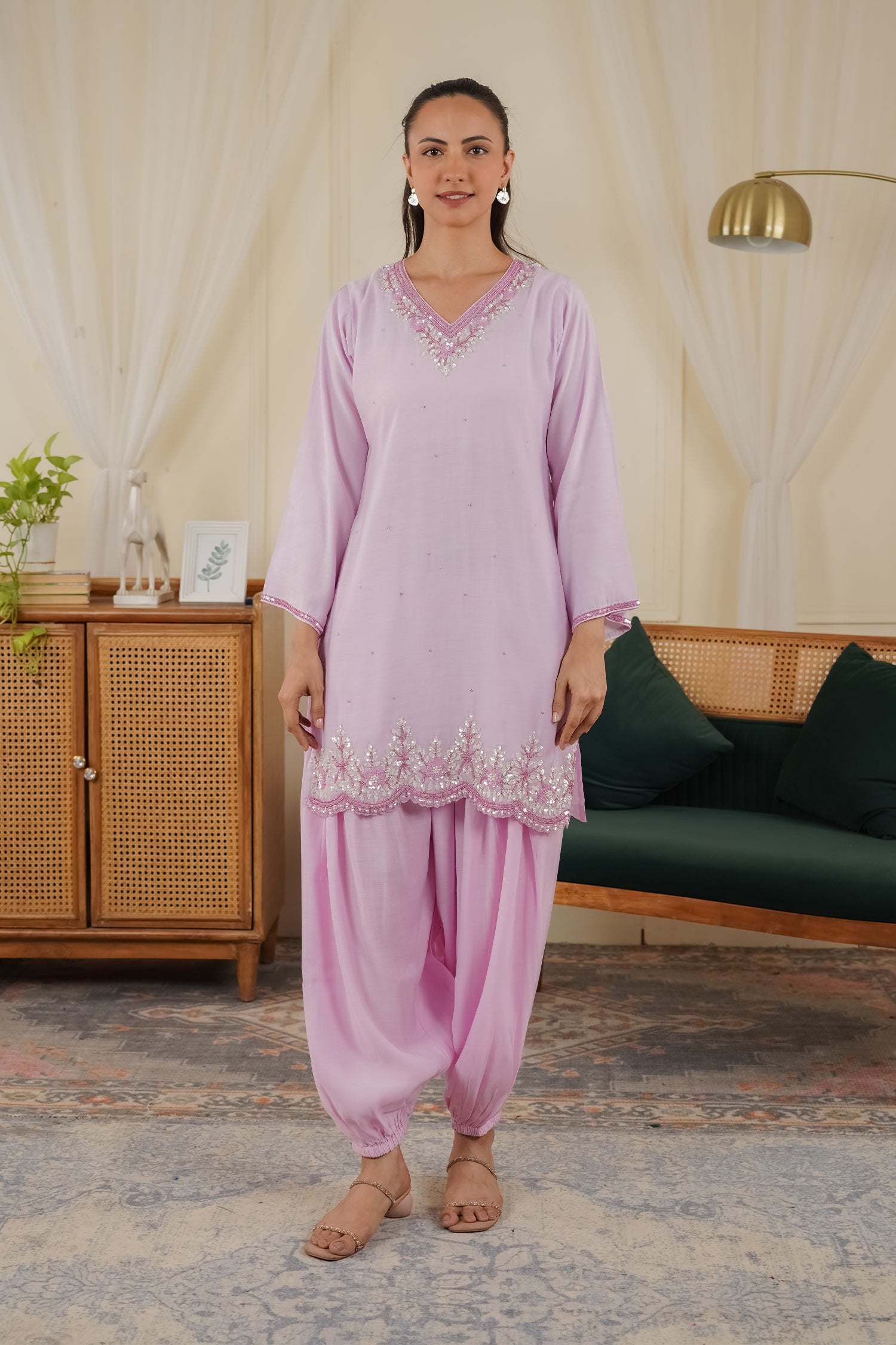 Pure Sequin Mul Chanderi Silk Embroidered Kurta Set - Pastel Pink
