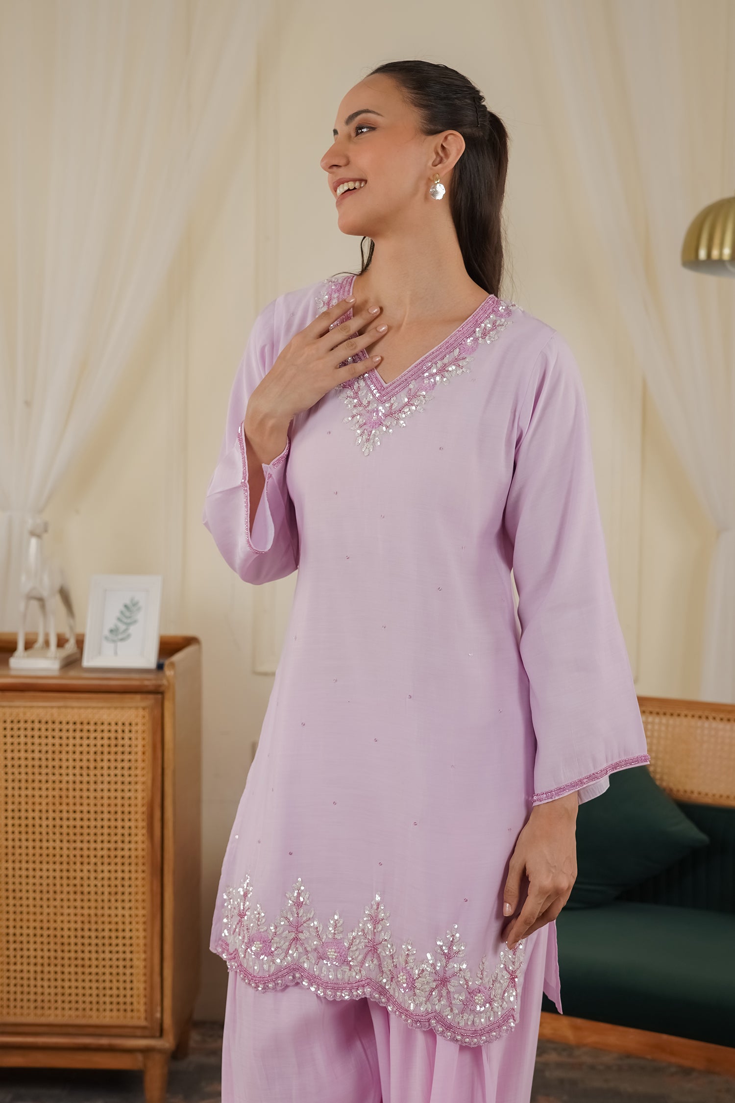 Pure Sequin Mul Chanderi Silk Embroidered Kurta Set - Pastel Pink