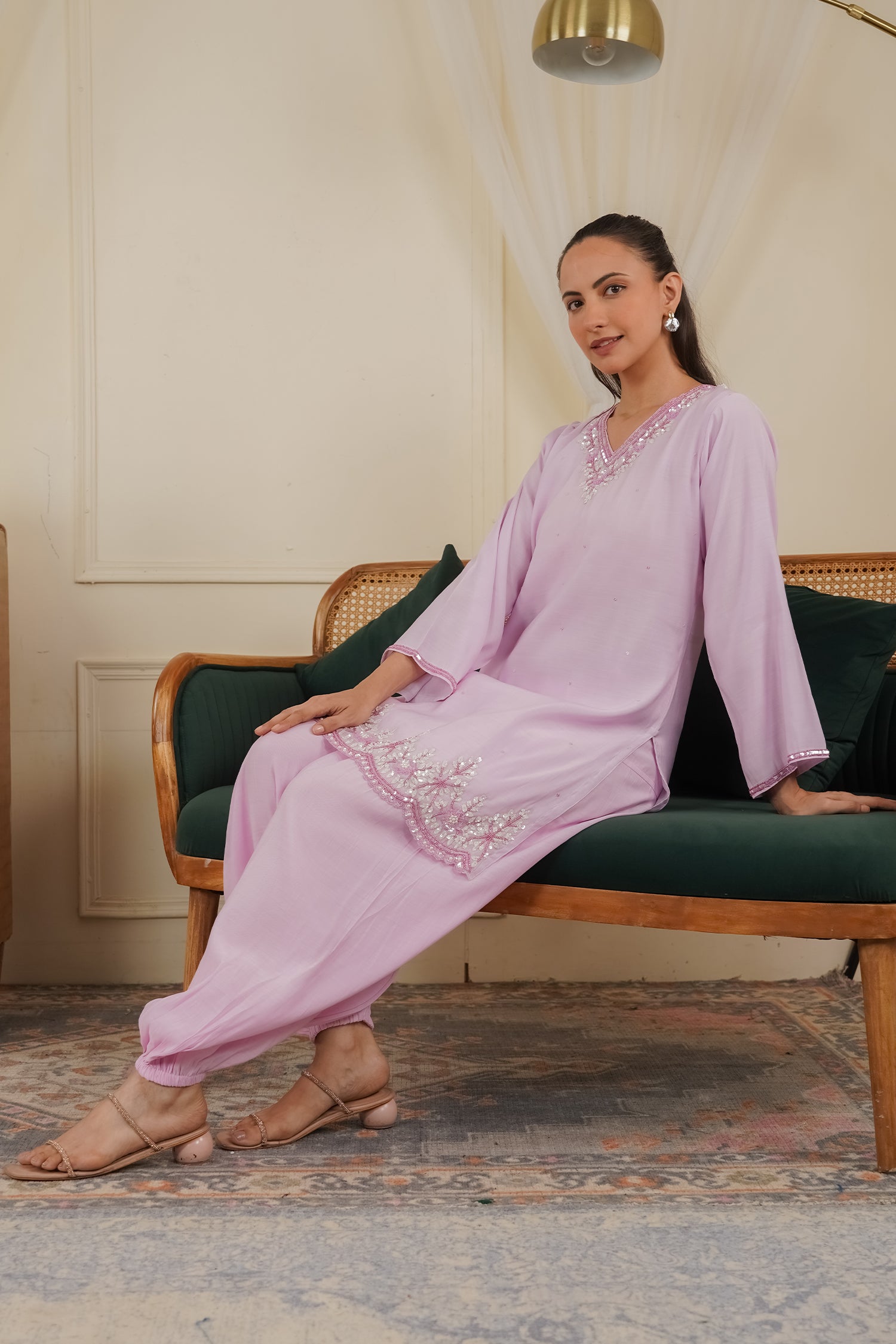 Pure Sequin Mul Chanderi Silk Embroidered Kurta Set - Pastel Pink