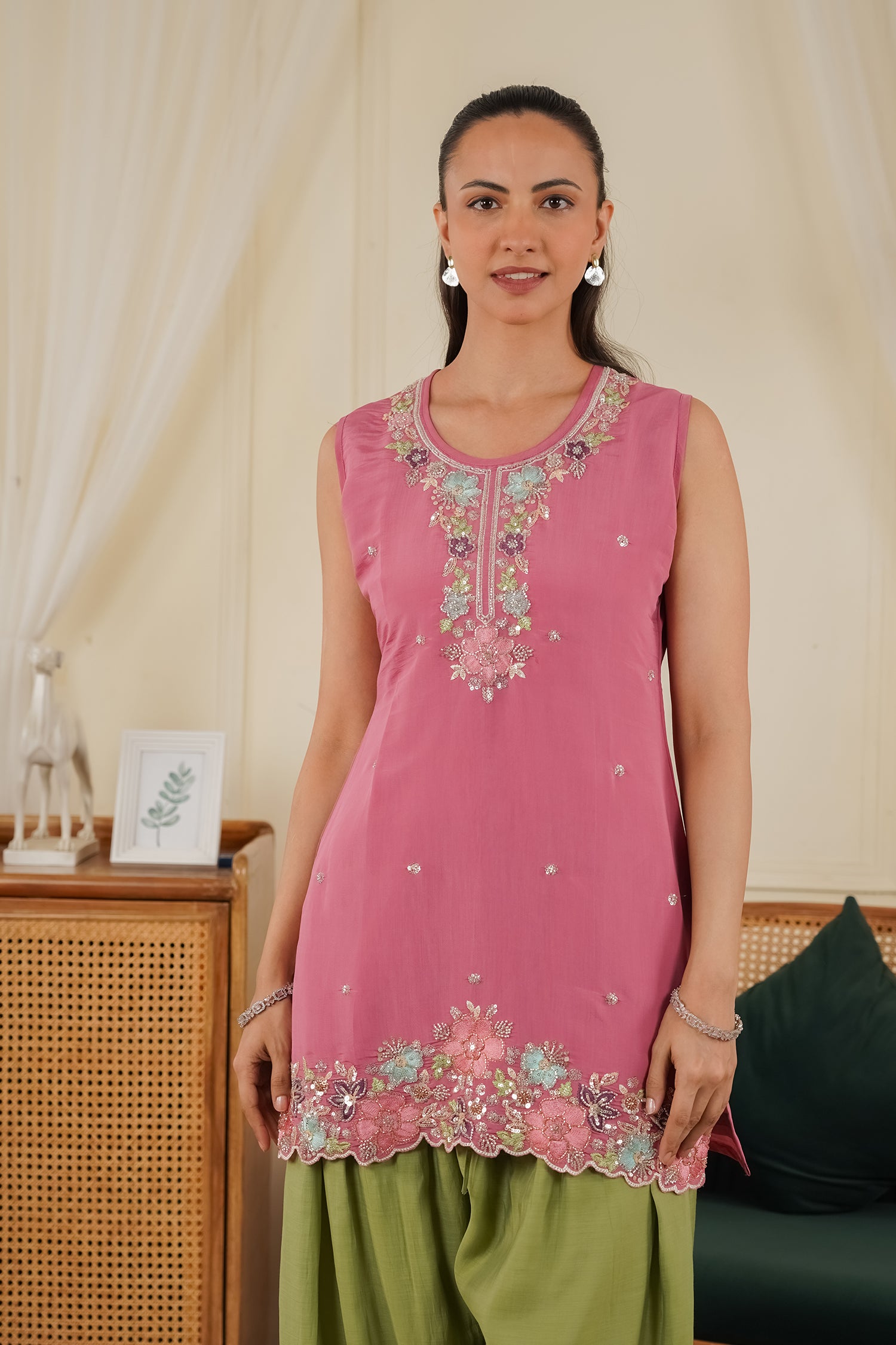 Mix Sequin Mul Chanderi Silk Embroidered Kurta Set - Blush Pink & Olive