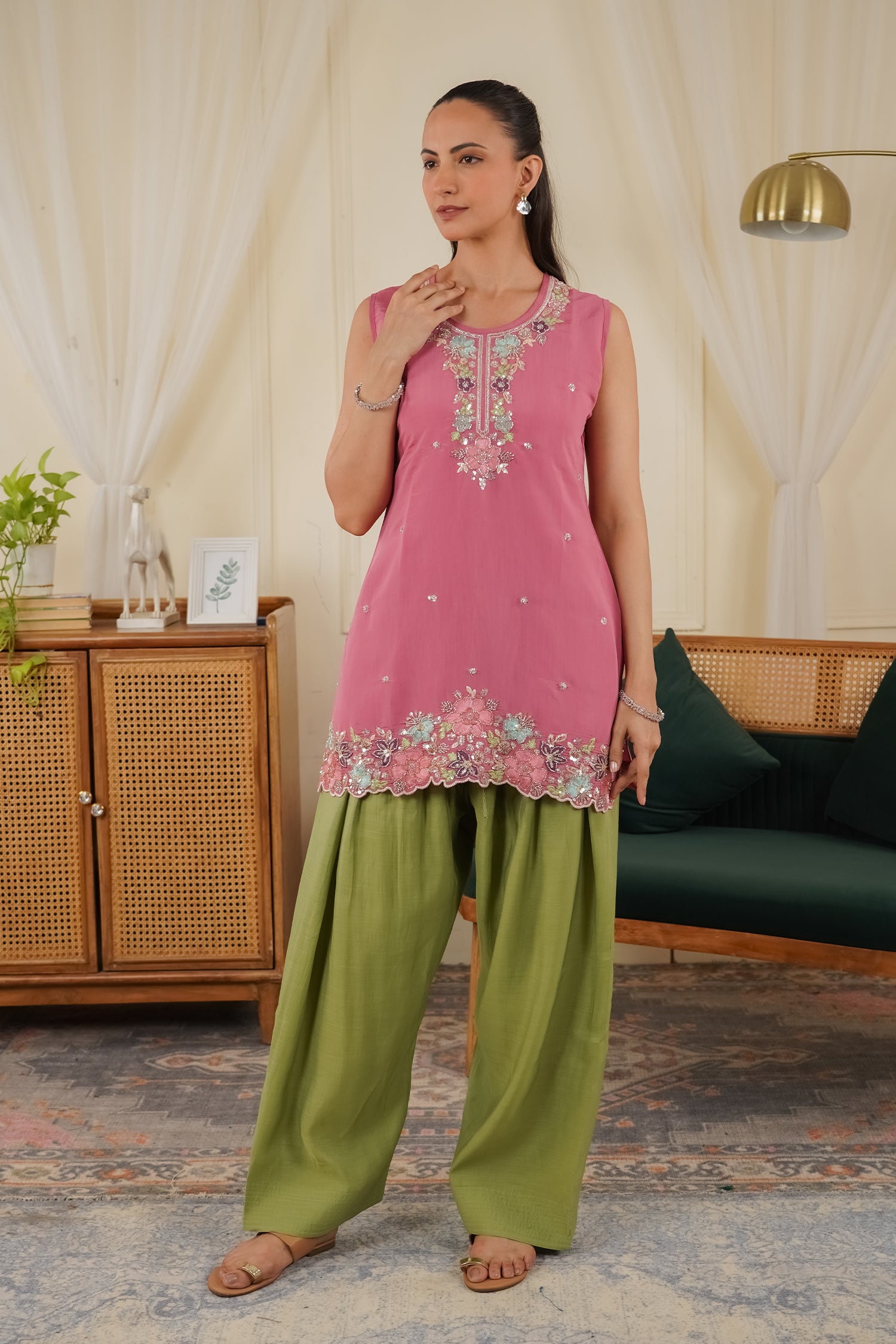 Mix Sequin Mul Chanderi Silk Embroidered Kurta Set - Blush Pink & Olive
