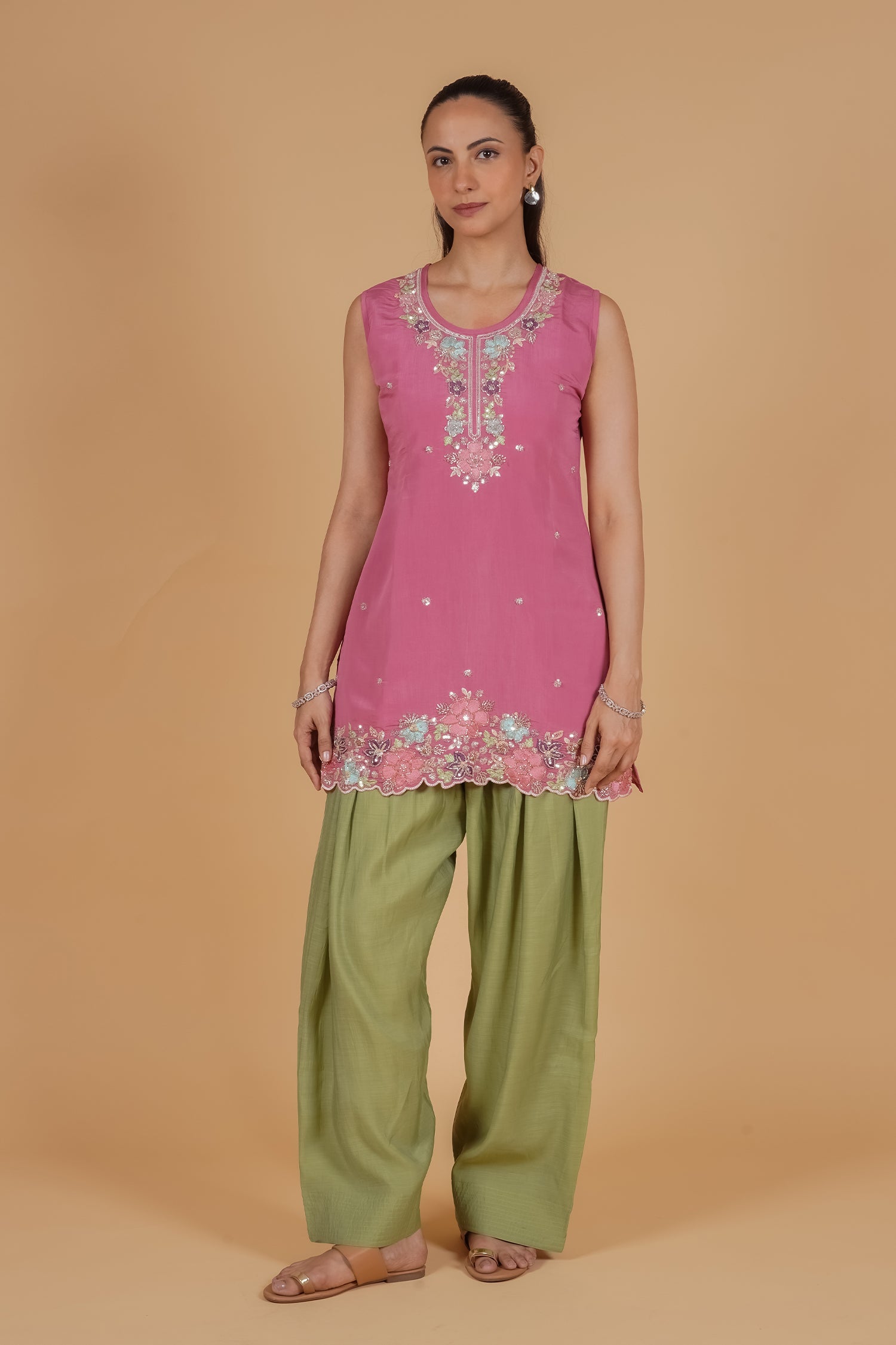 Mix Sequin Mul Chanderi Silk Embroidered Kurta Set - Blush Pink & Olive