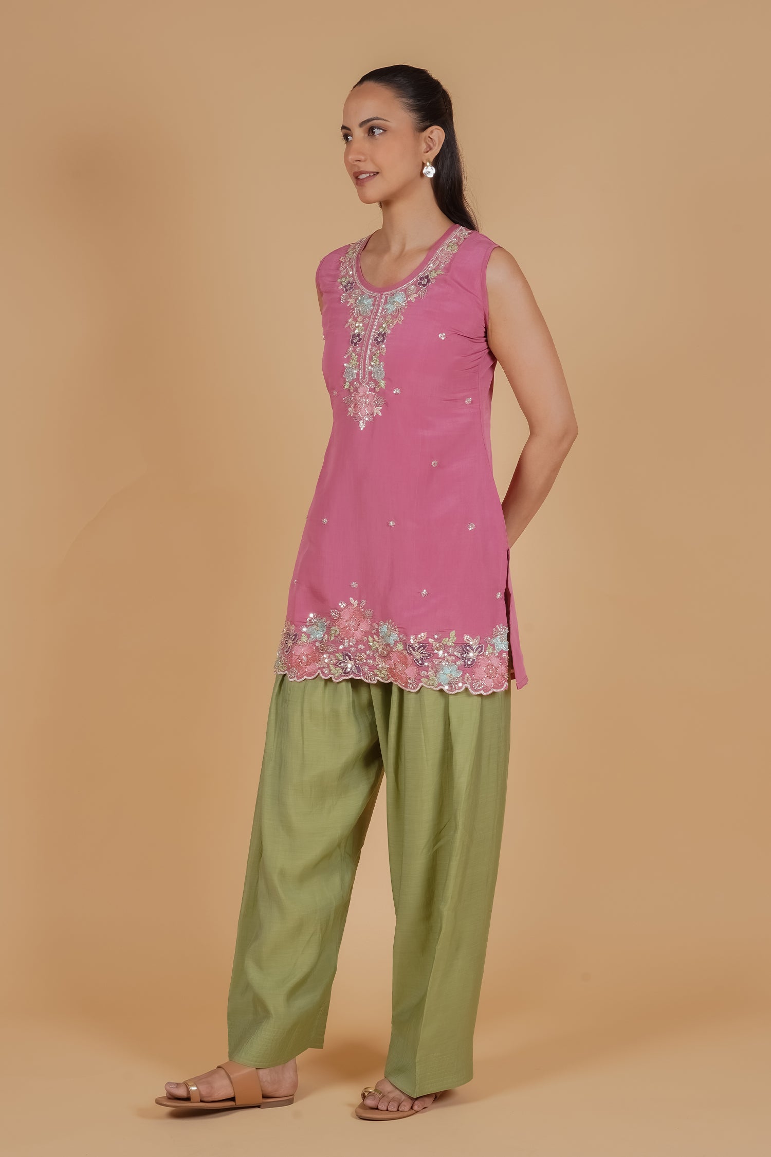 Mix Sequin Mul Chanderi Silk Embroidered Kurta Set - Blush Pink & Olive