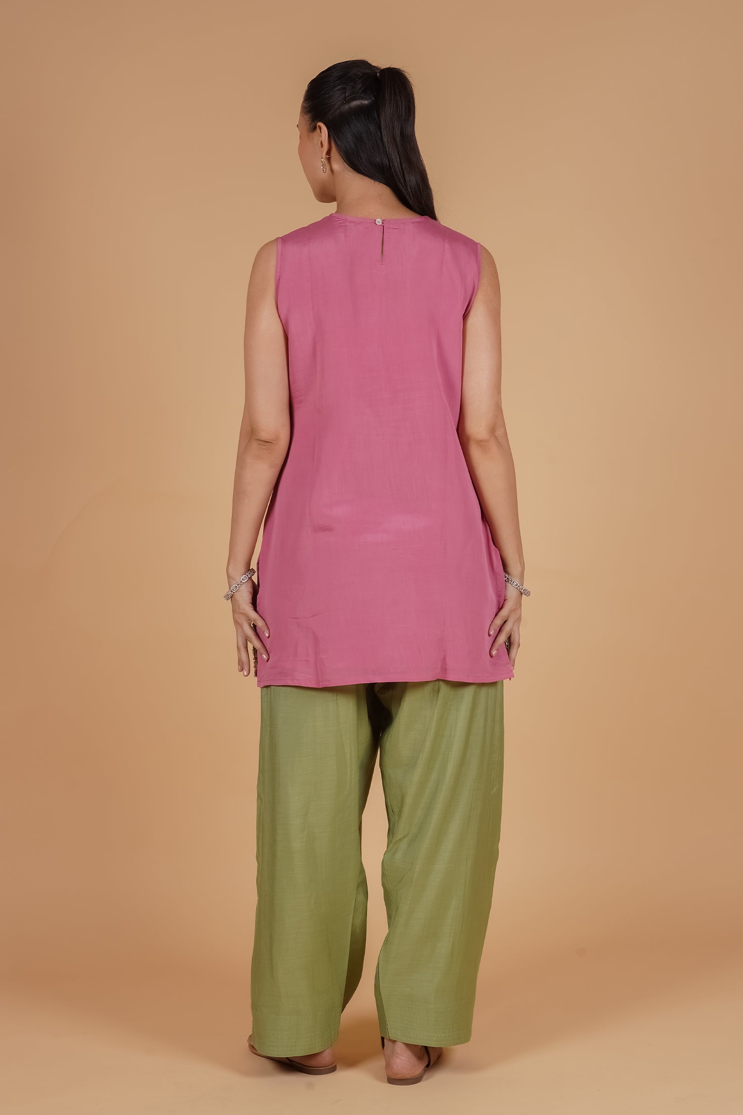Mix Sequin Mul Chanderi Silk Embroidered Kurta Set - Blush Pink & Olive