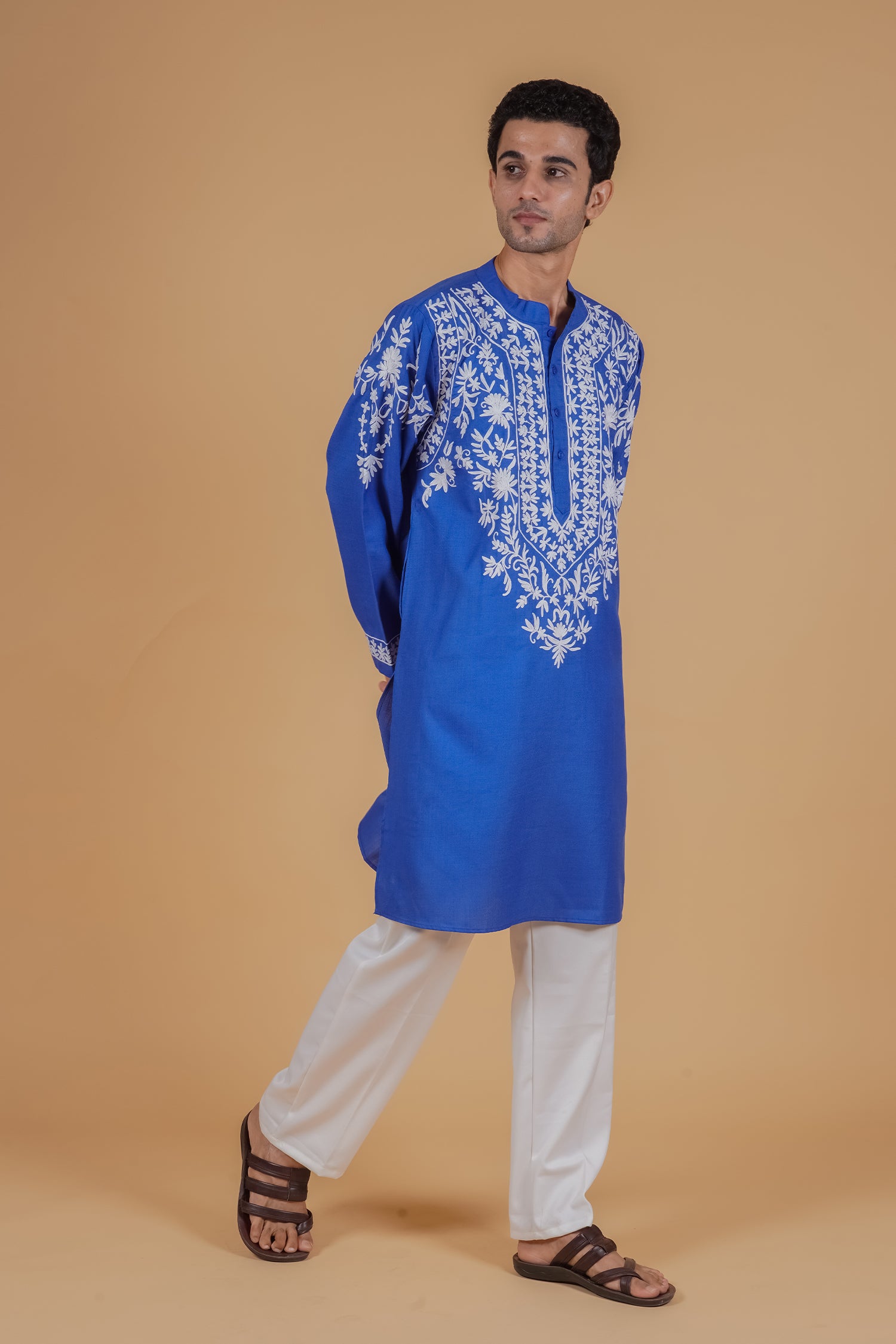 Men’s Kashmiri Aari Embroidered Kurta Ruby Cotton - Blue