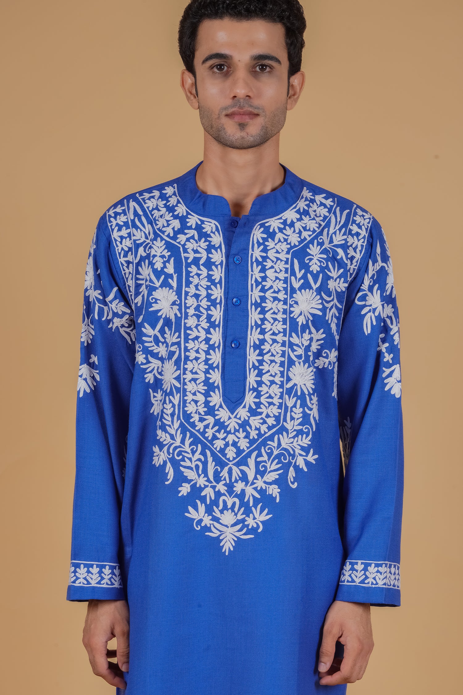 Men’s Kashmiri Aari Embroidered Kurta Ruby Cotton - Blue