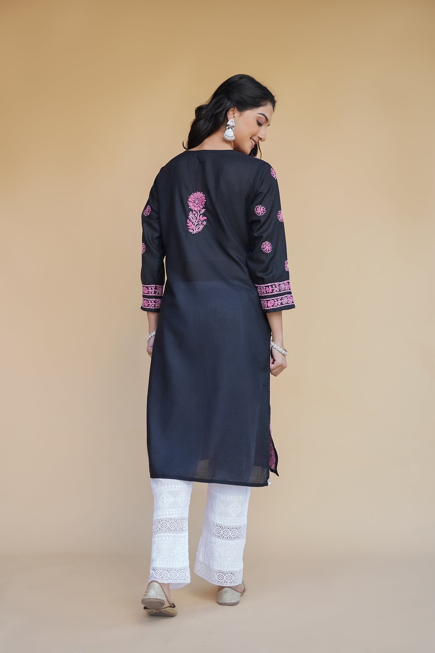 Rayon Chikankari Long Kurta in Black