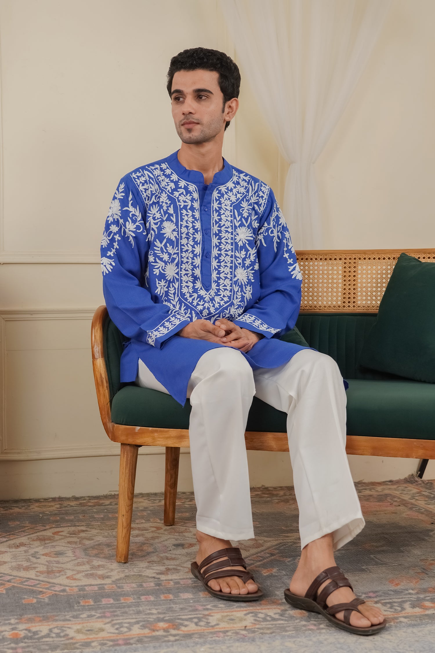 Men’s Kashmiri Aari Embroidered Kurta Ruby Cotton - Blue