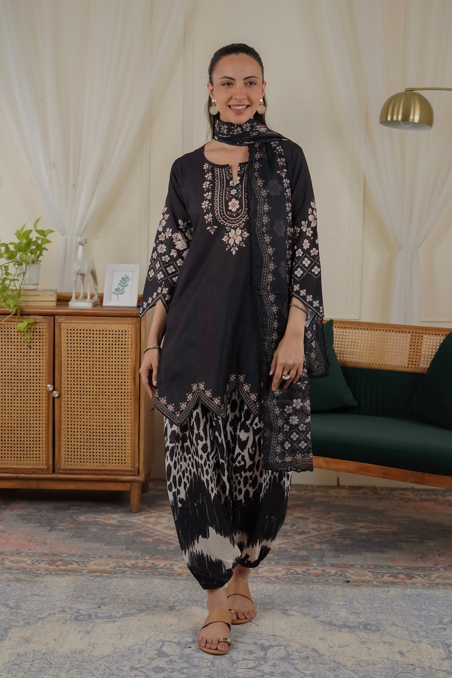Lawn Cotton Printed Co-ord Set Laser-Cut - Black