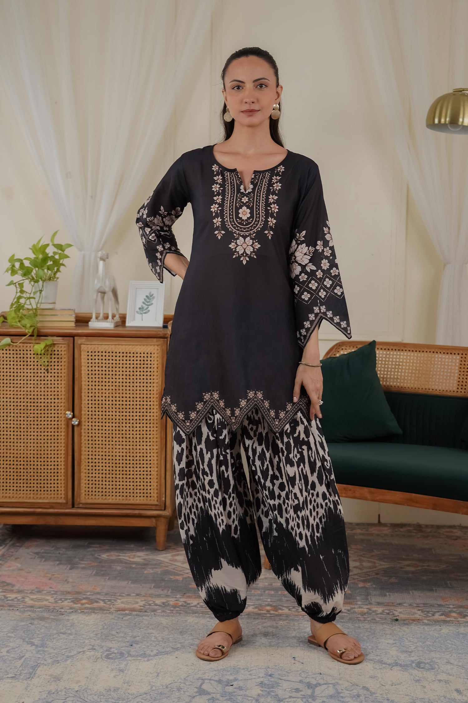 Lawn Cotton Printed Co-ord Set Laser-Cut - Black