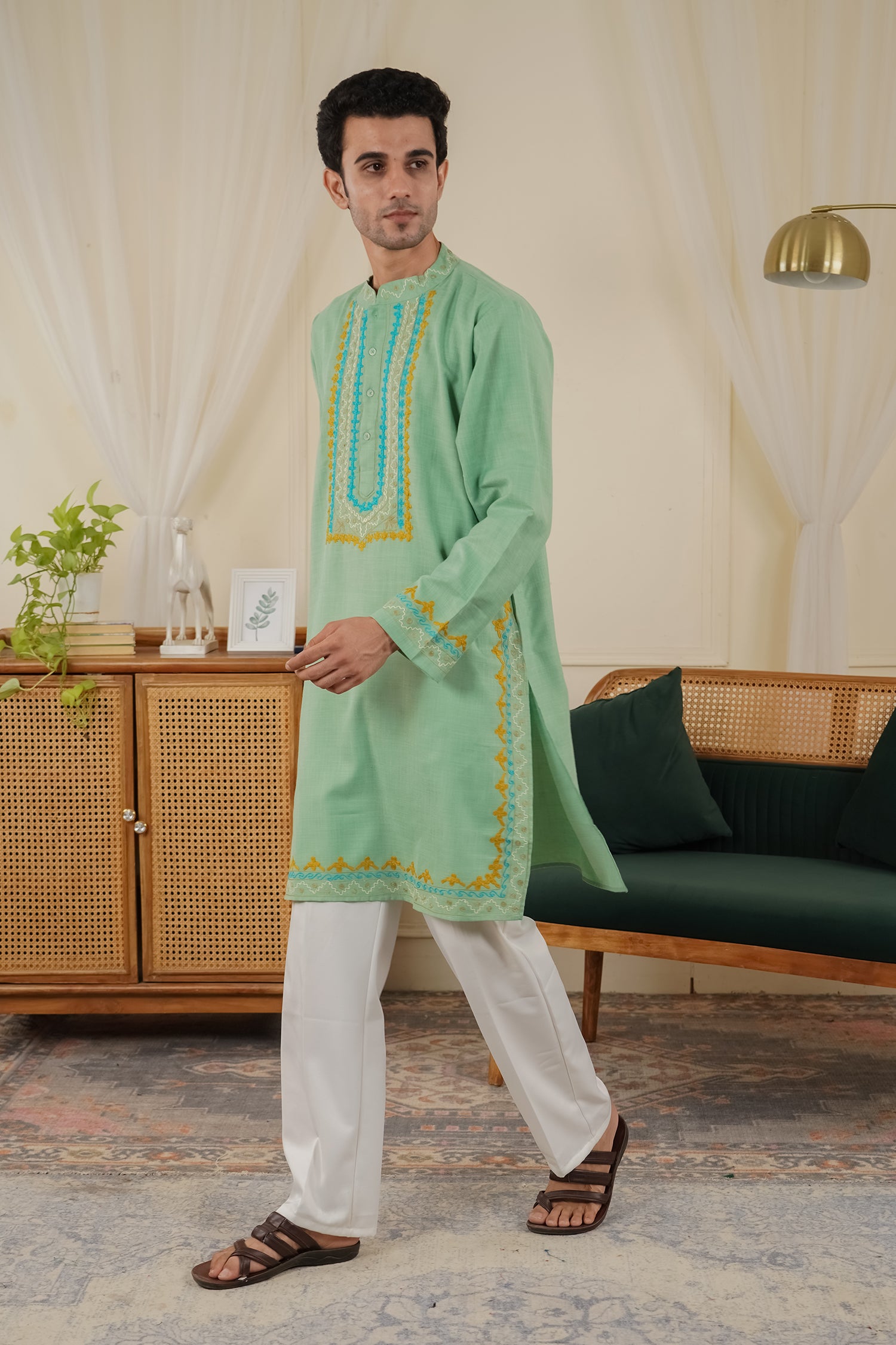 Men’s Kashmiri Aari Embroidered Kurta Ruby Cotton - Mint Green