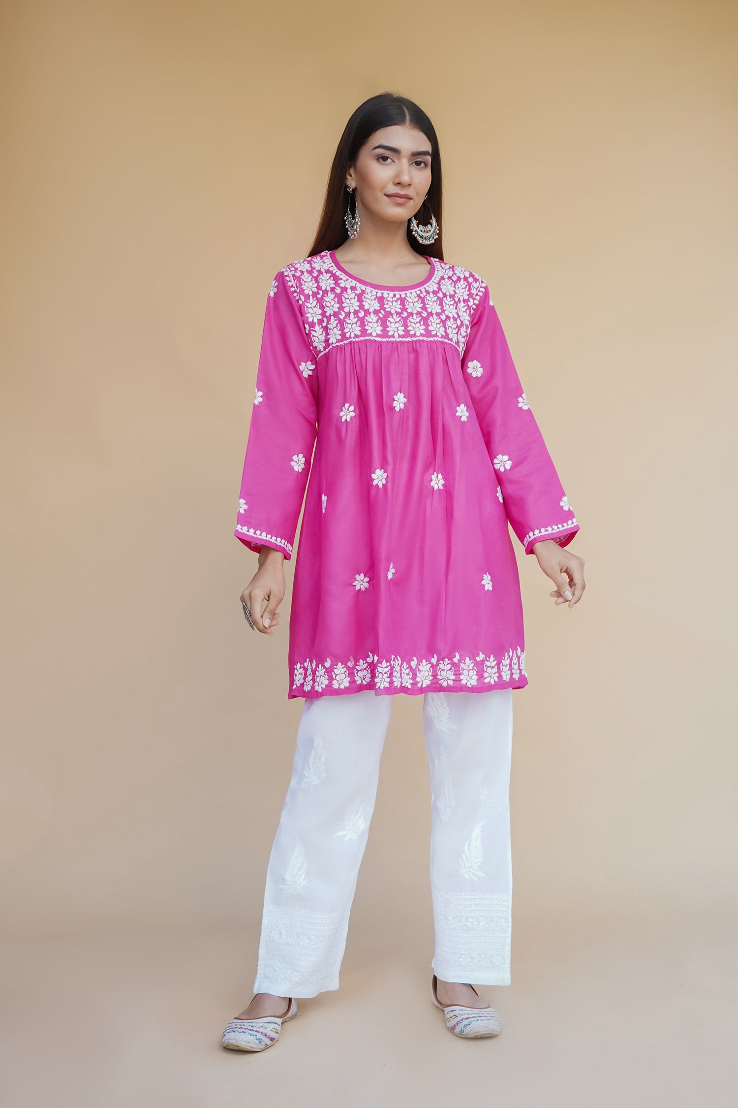 Cotton Chikankari Short Kurta in Pink