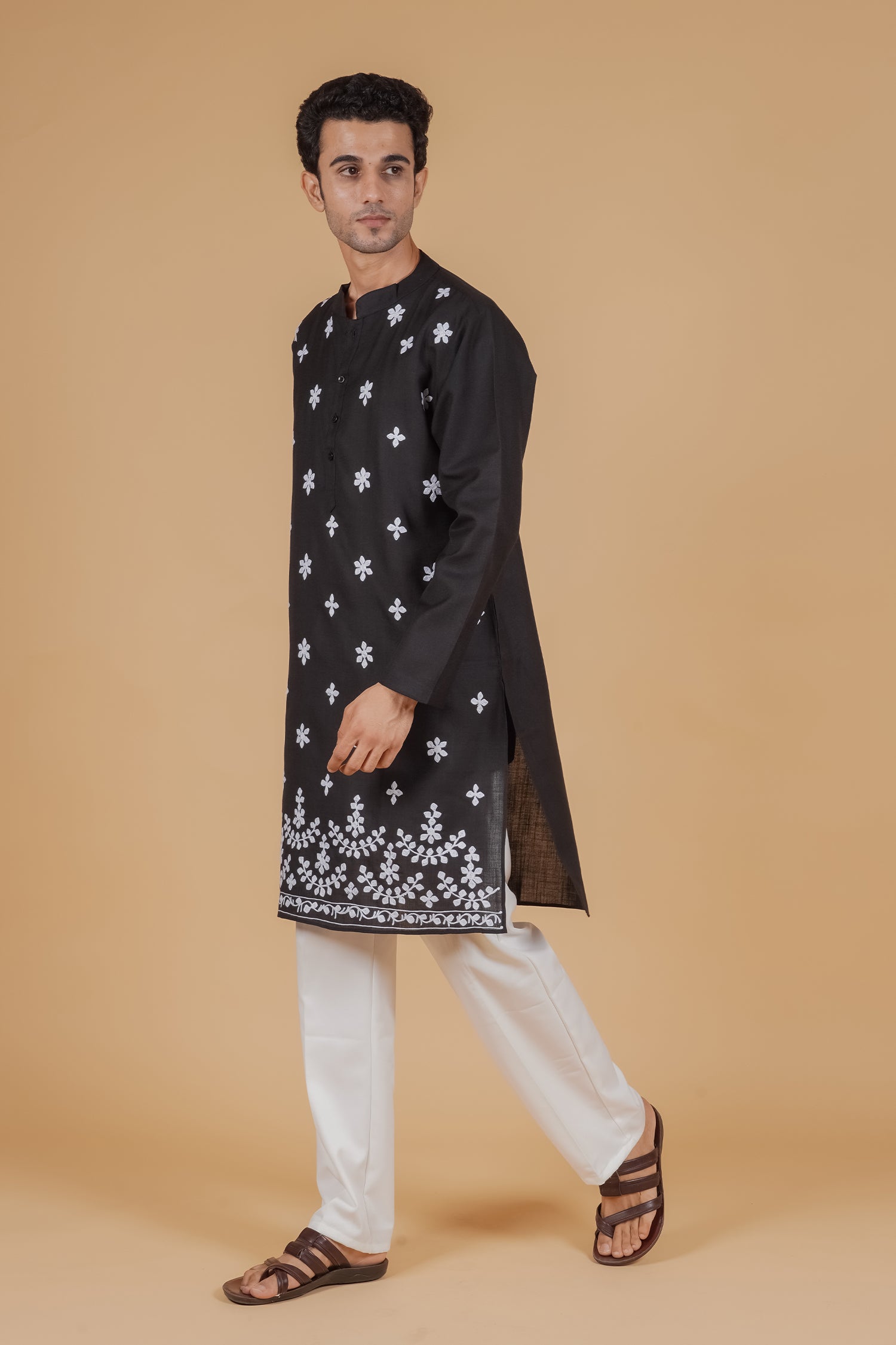 Men’s Kashmiri Aari Embroidered Kurta Ruby Cotton - Black