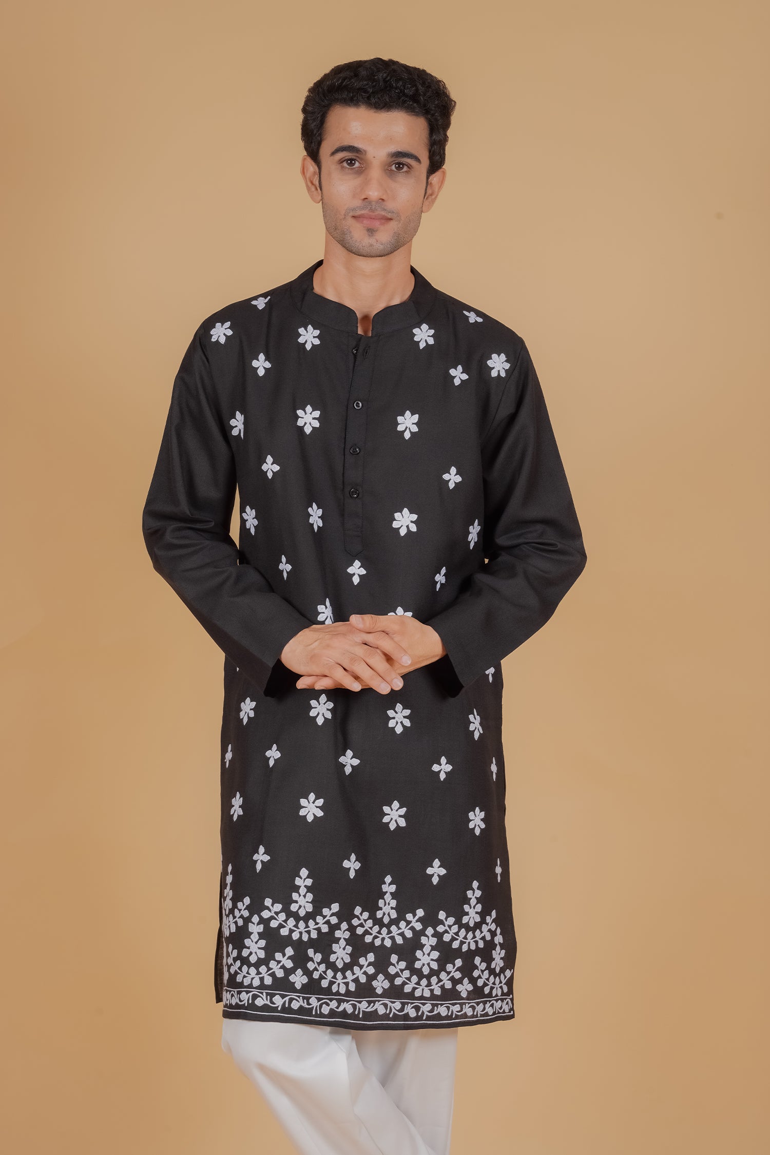 Men’s Kashmiri Aari Embroidered Kurta Ruby Cotton - Black