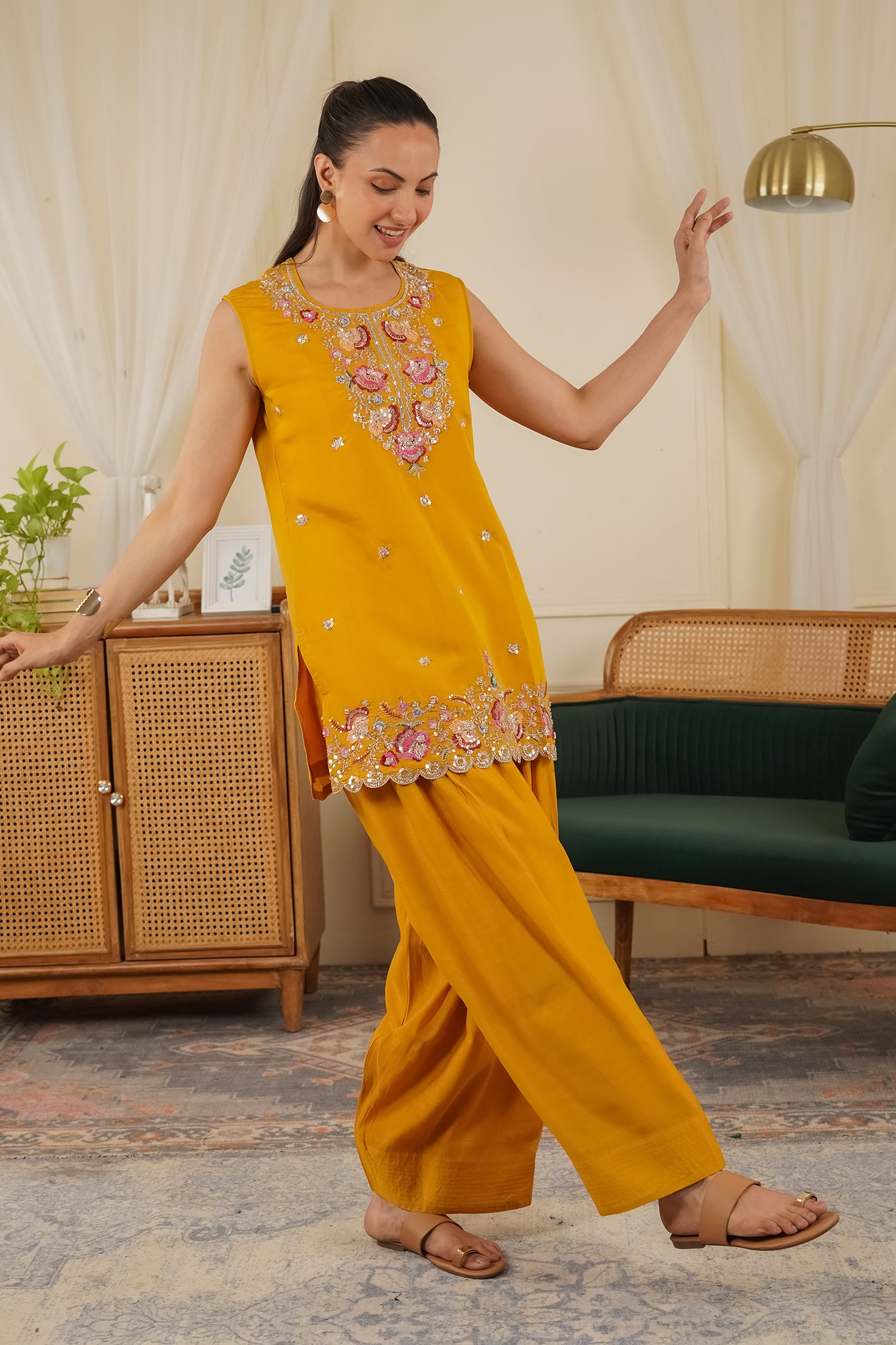 Mix Sequin Mul Chanderi Silk Embroidered Kurta Set - Mustard