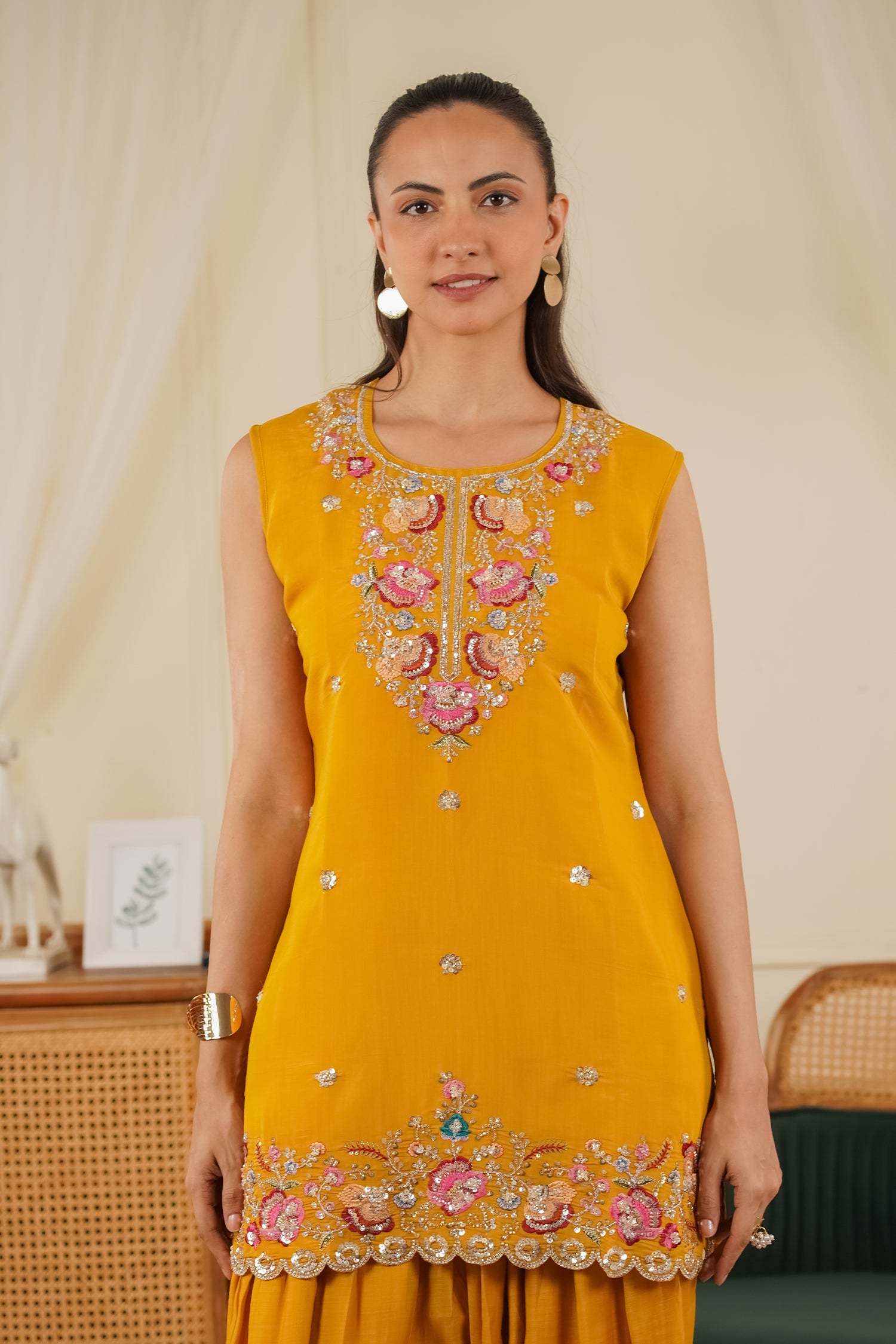 Mix Sequin Mul Chanderi Silk Embroidered Kurta Set - Mustard