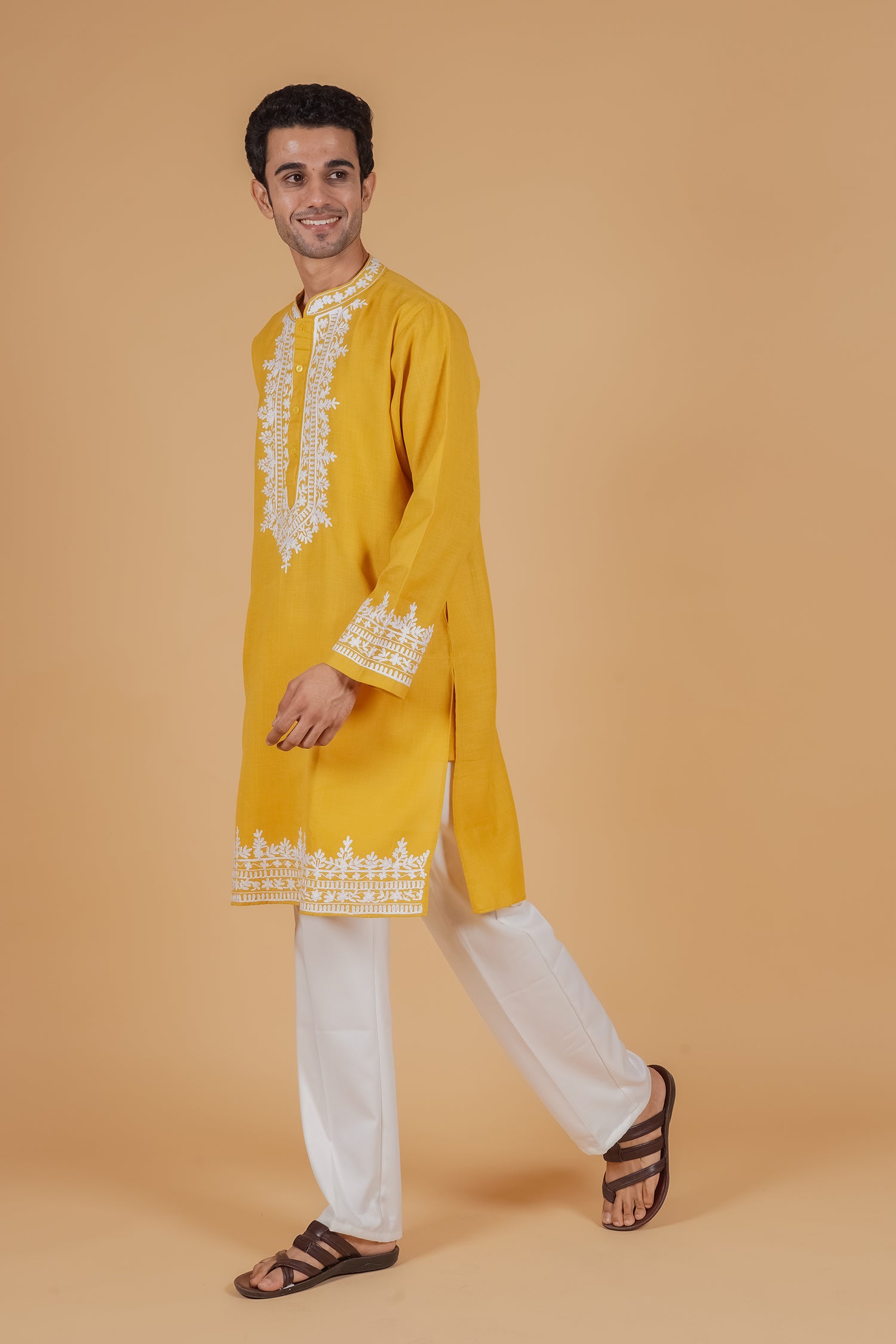 Men’s Kashmiri Aari Embroidered Kurta Ruby Cotton - Mustard